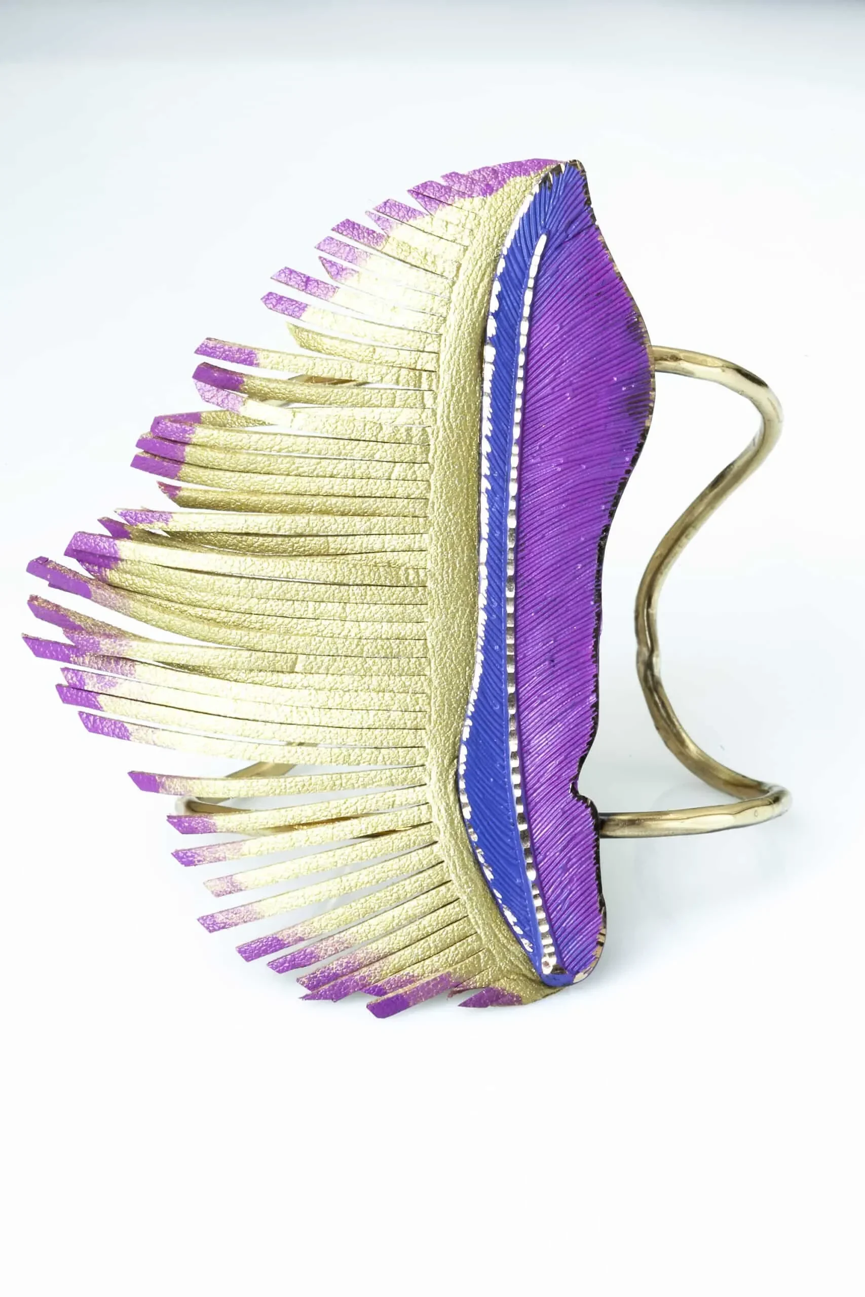 Handmade Jewellery | Feather bronze bracelet with purple patina and leather gallery 1