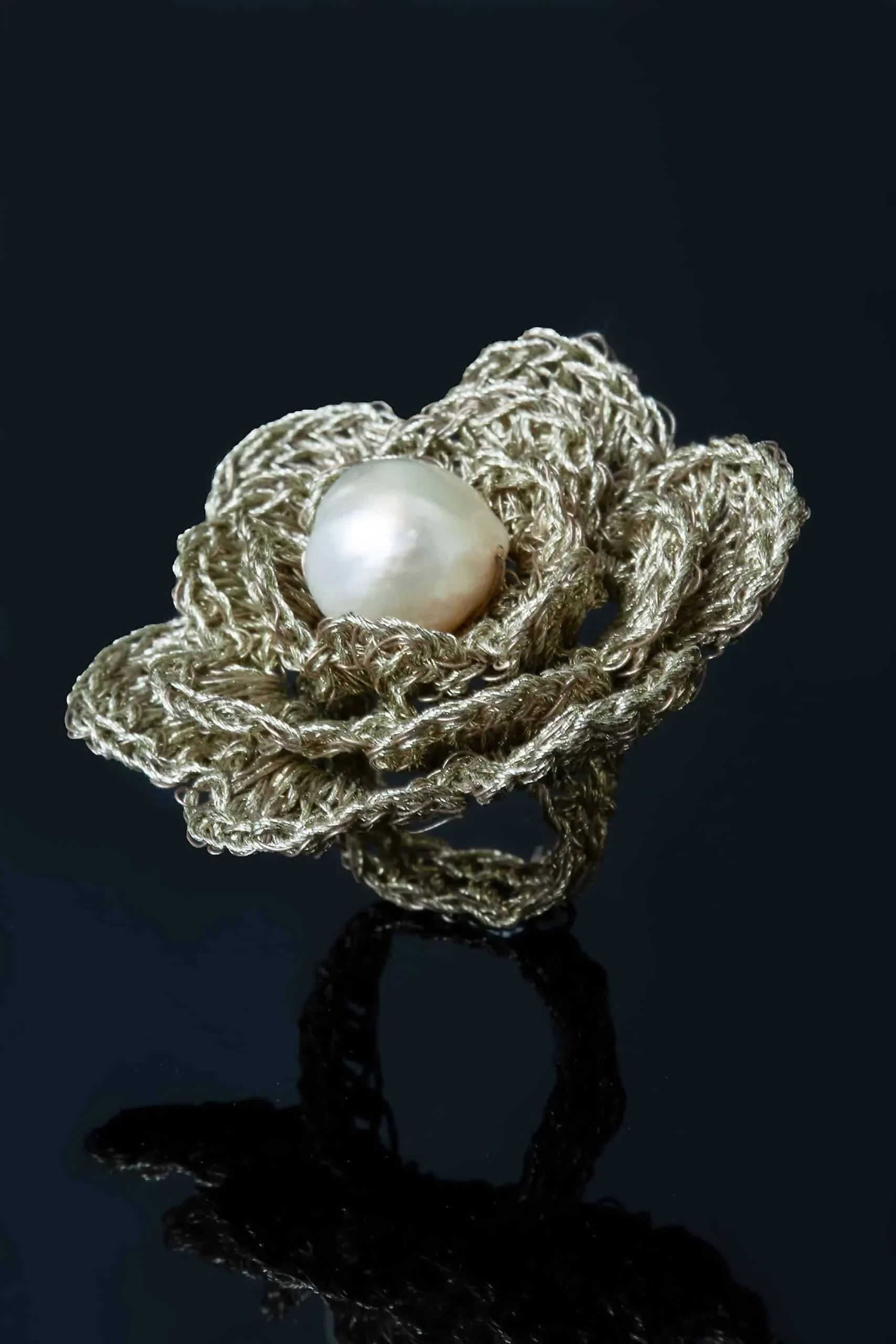 Handmade Jewellery | Crochet knit silver ring with pearls gallery 2