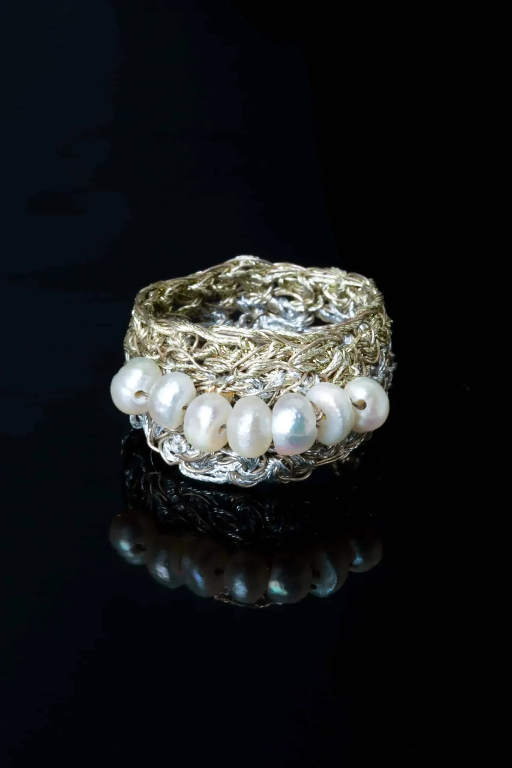 Handmade Jewellery | Crochet knit silver ring with pearls gallery 2