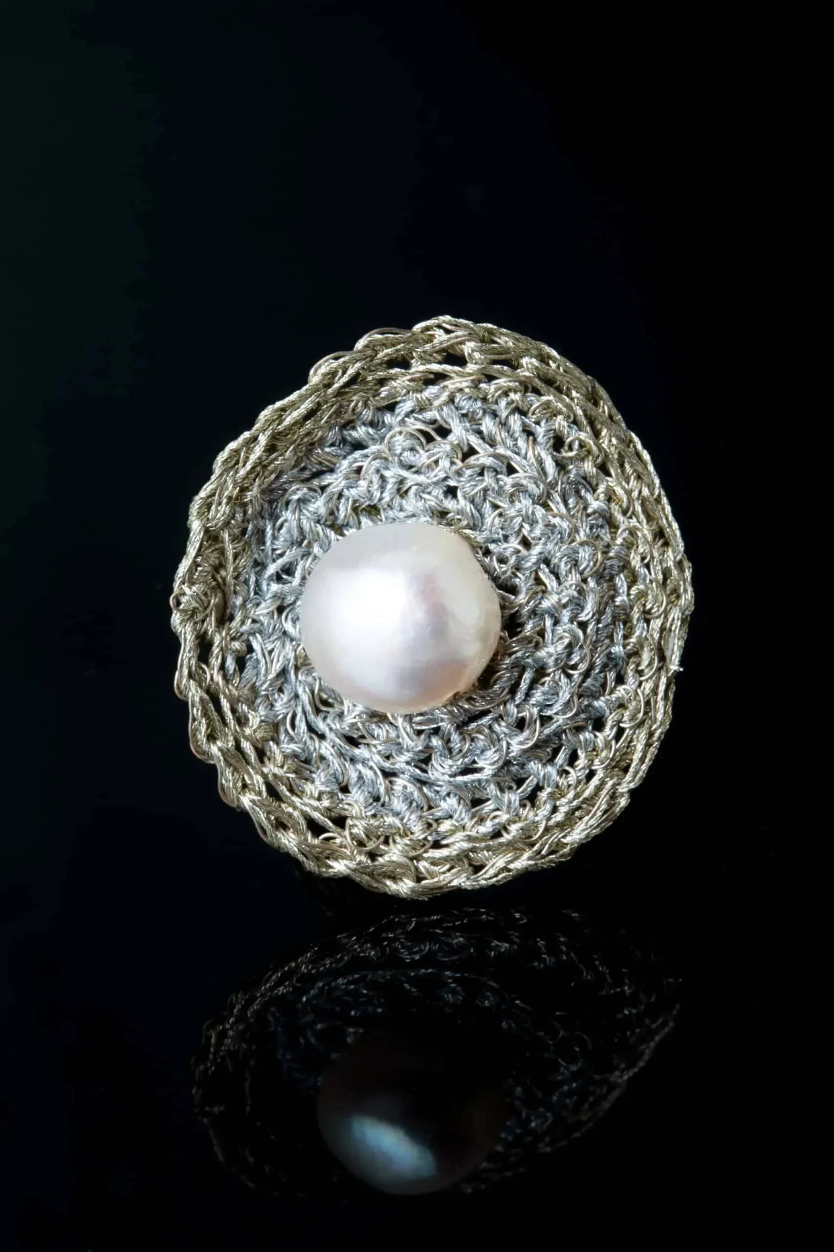 Handmade Jewellery | Crochet knit silver ring with pearls gallery 2