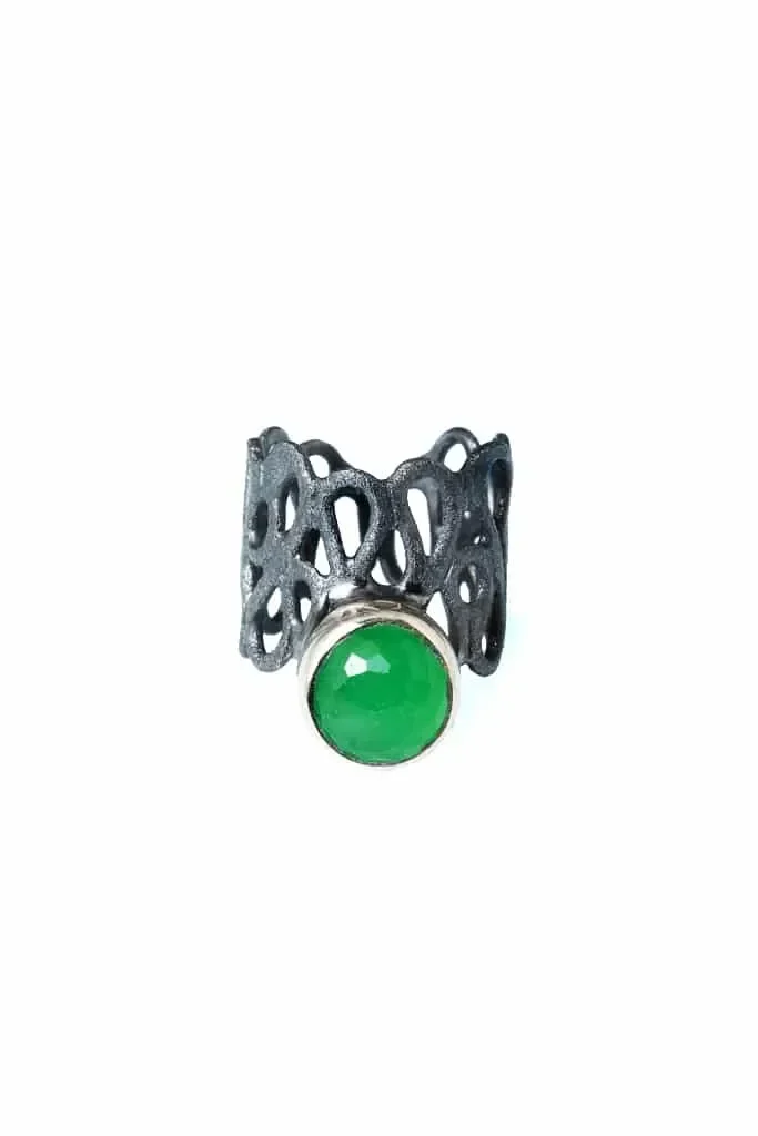 Jade adjustable black rhodium plated silver chevalier ring