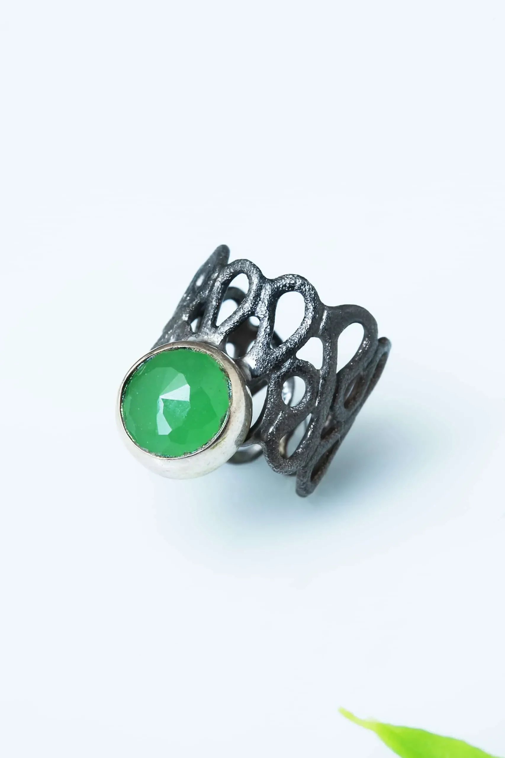 Handmade Jewellery | Jade adjustable black rhodium plated silver chevalier ring gallery 1