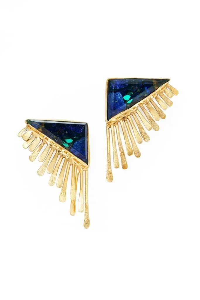 Handmade Jewellery | Triangle azurite and malachite gold plated silver earrings gallery 1