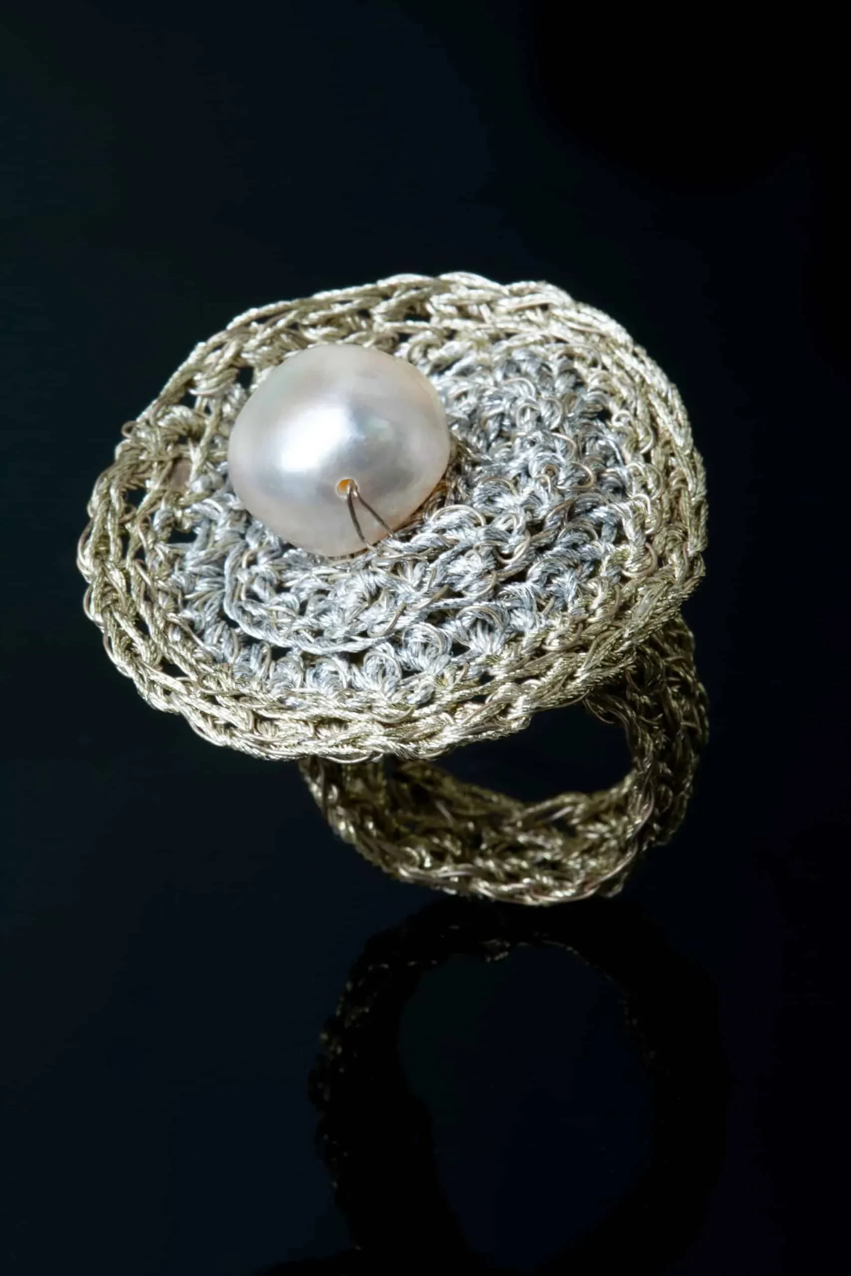 Handmade Jewellery | Crochet knit silver ring with pearls gallery 1