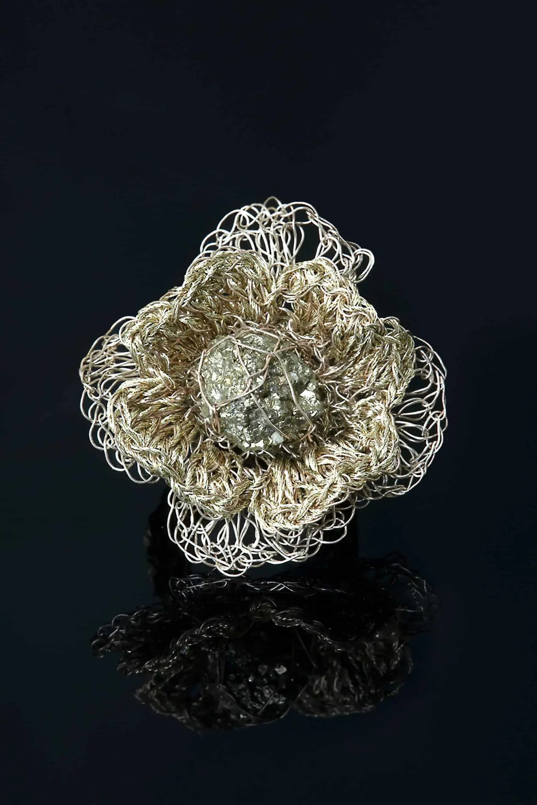 Handmade Jewellery | Crochet knit silver ring with pyrite gallery 2