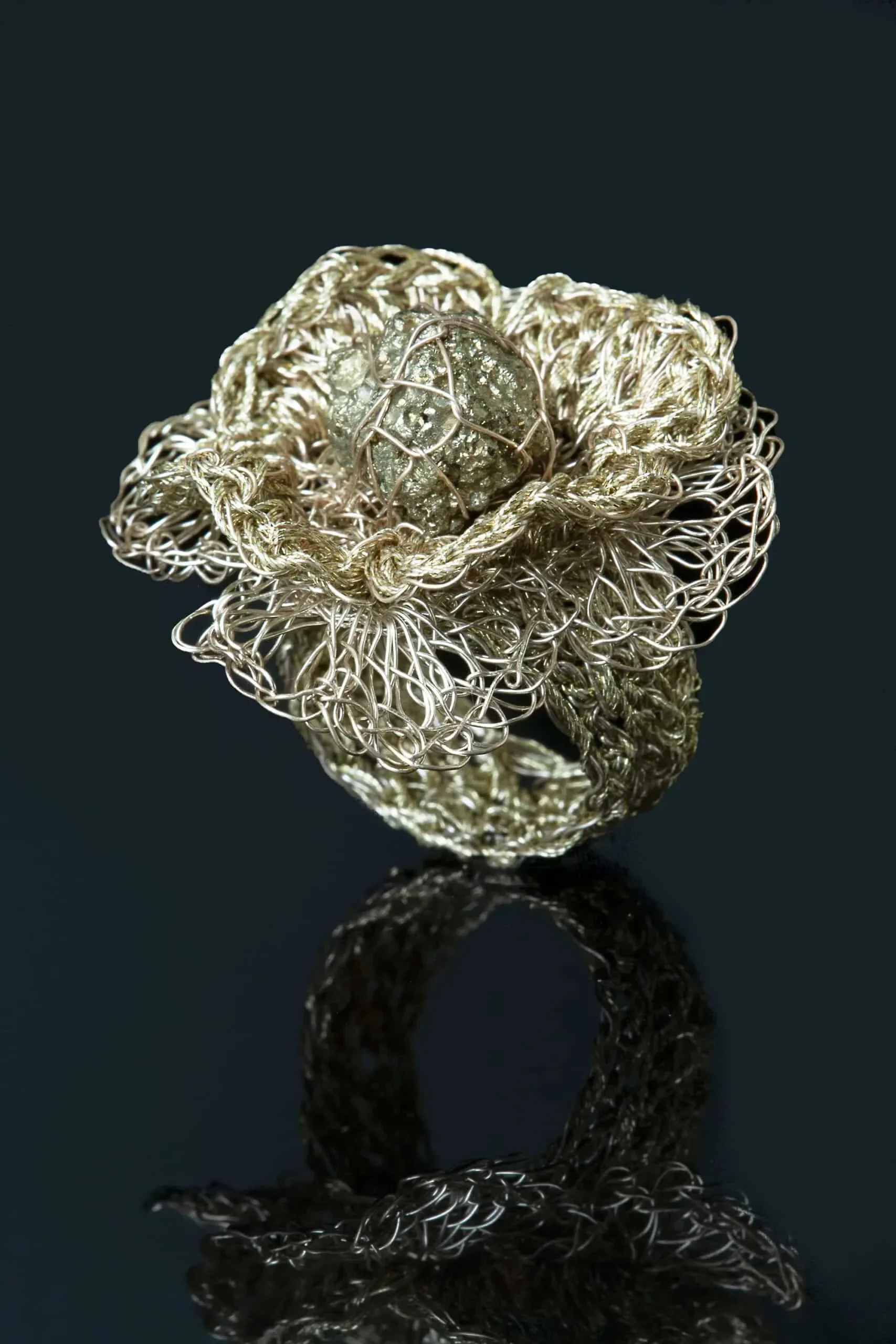 Handmade Jewellery | Crochet knit silver ring with pyrite gallery 1