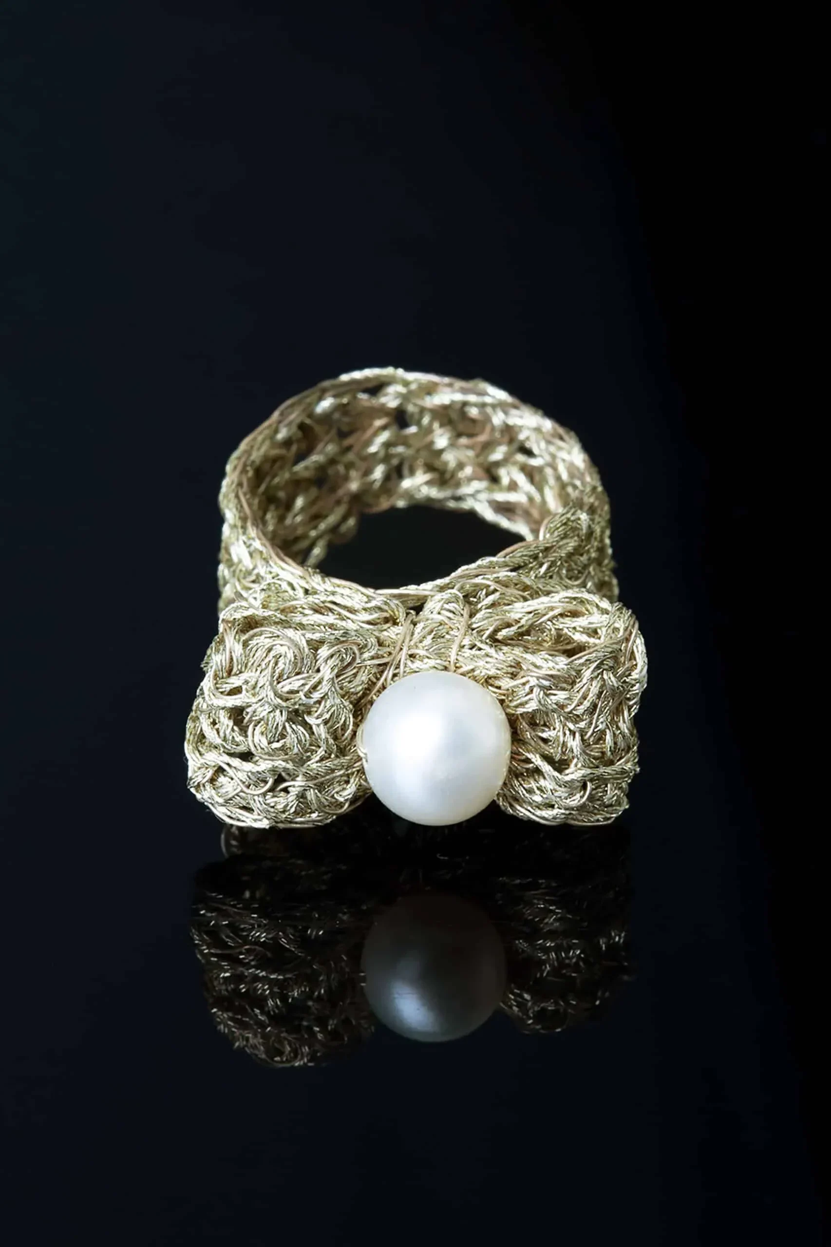 Handmade Jewellery | Bow crochet knit silver ring with pearl gallery 2