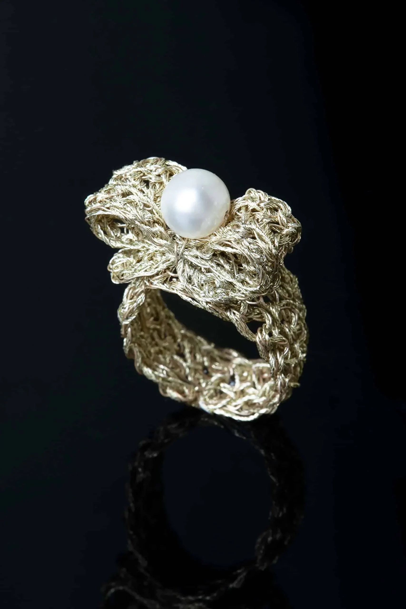 Handmade Jewellery | Bow crochet knit silver ring with pearl gallery 1