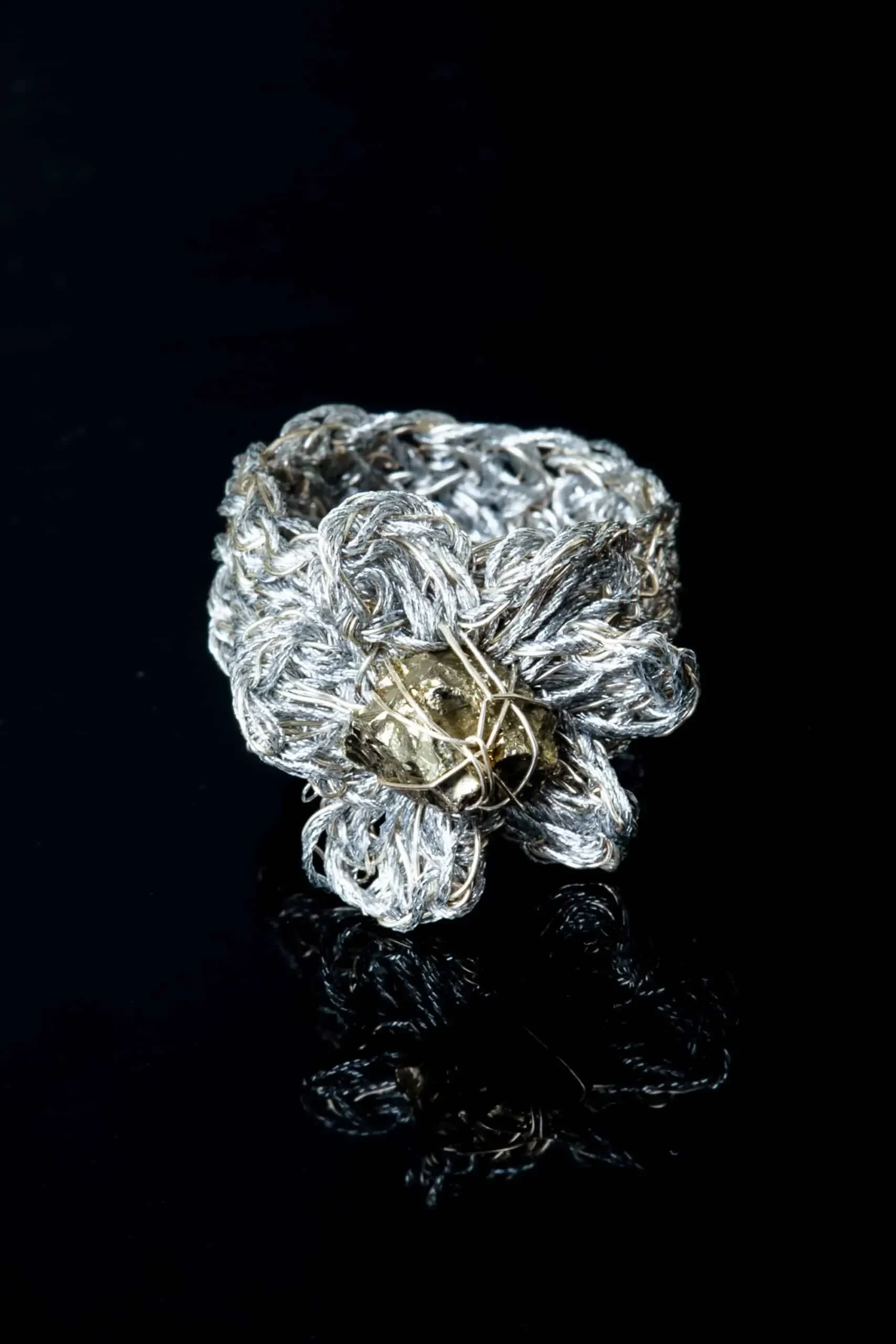 Handmade Jewellery | Flower crochet knit silver ring with pyrite gallery 2