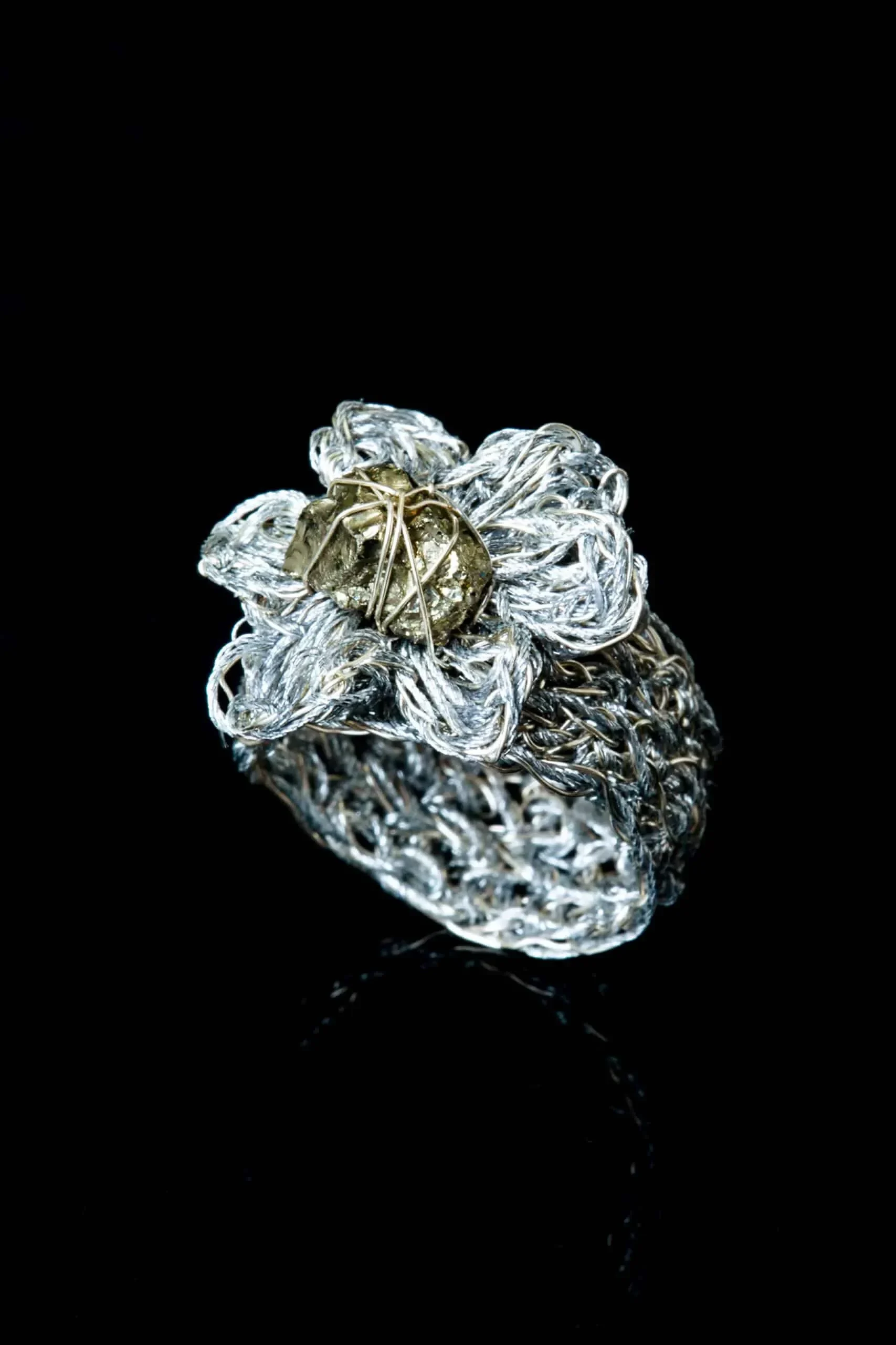 Handmade Jewellery | Flower crochet knit silver ring with pyrite gallery 1