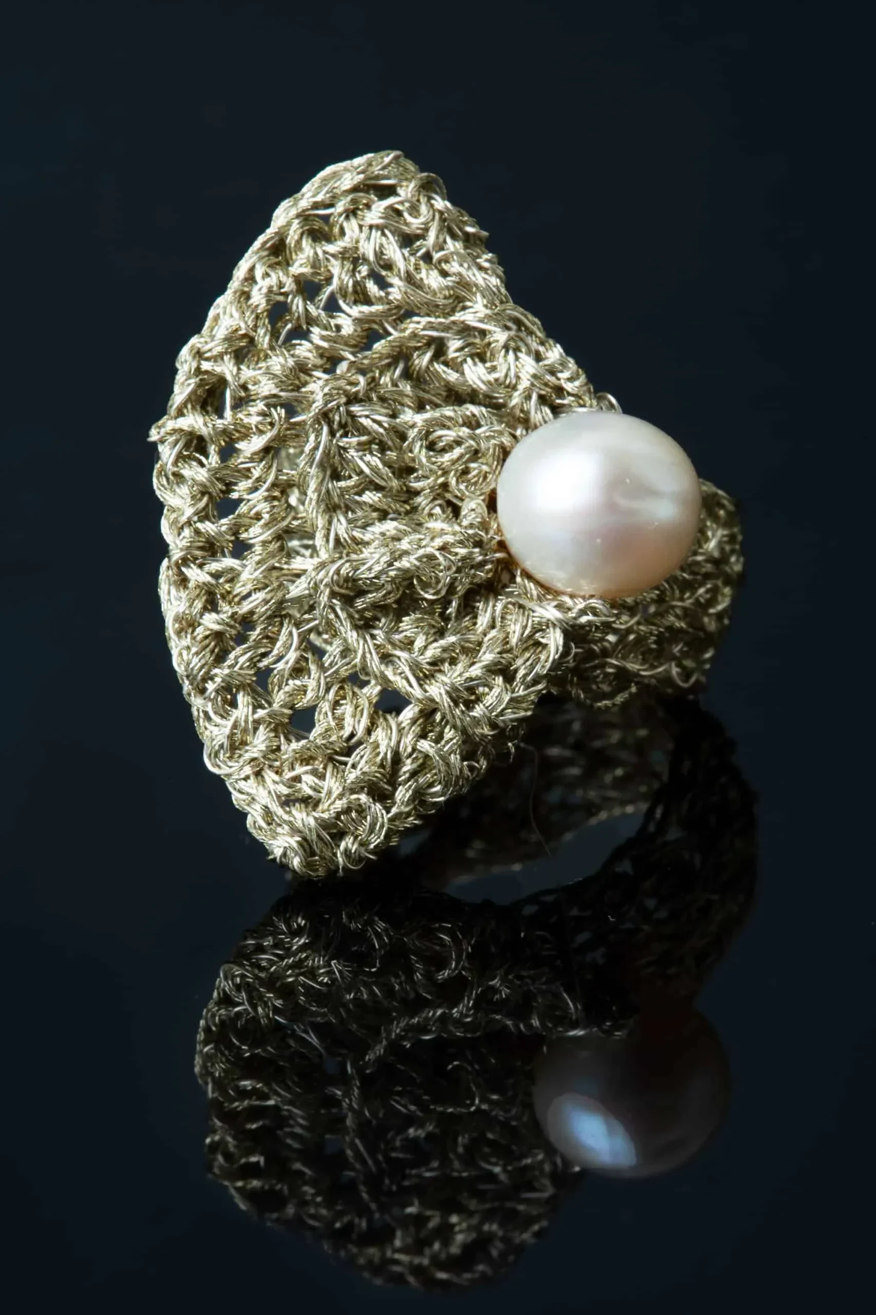 Handmade Jewellery | Crochet knit silver ring with pearl gallery 1