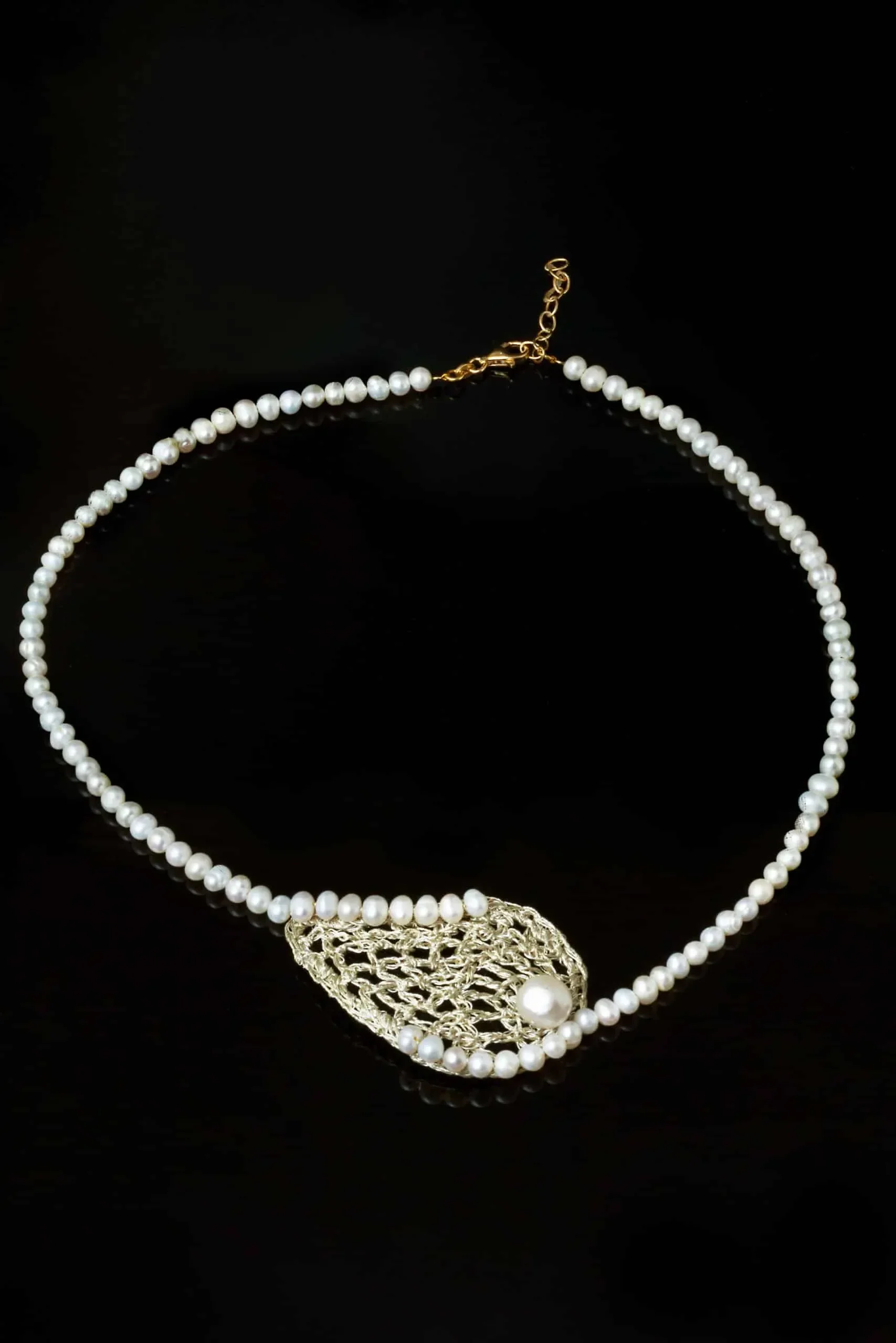 Handmade Jewellery | Crochet knit silver necklace with and pearls gallery 1