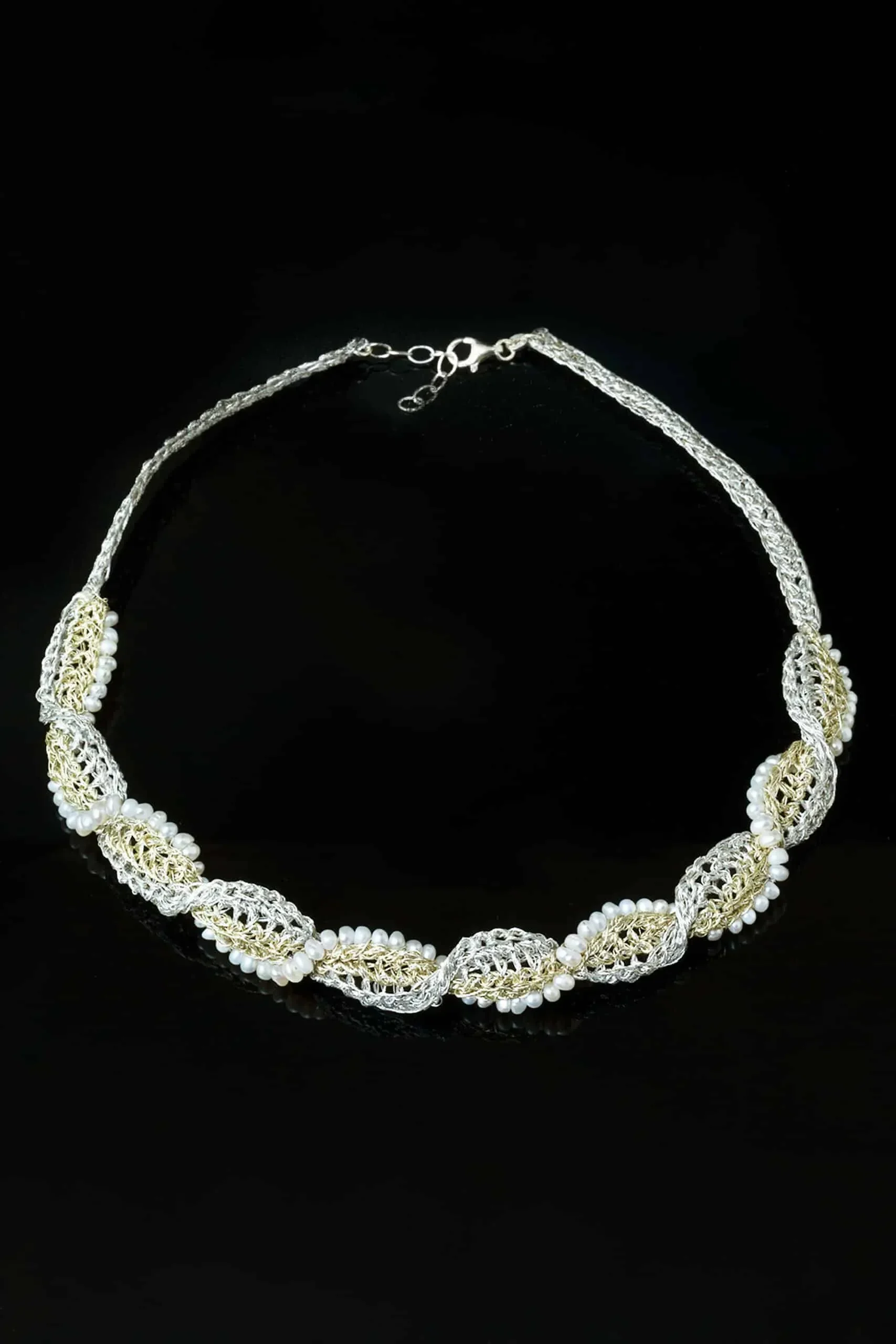 Handmade Jewellery | Crochet knit silver necklace with and pearls gallery 1