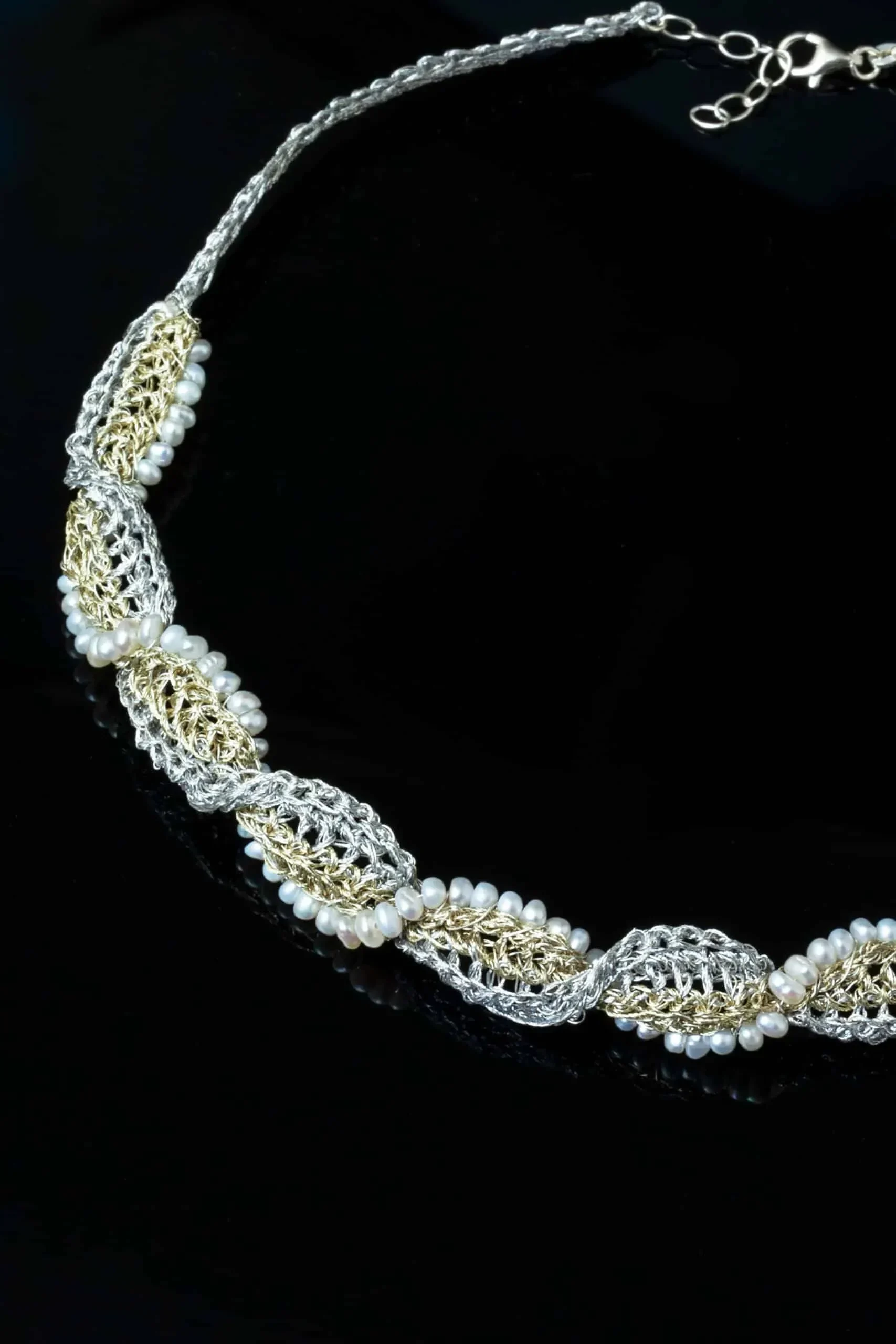 Handmade Jewellery | Crochet knit silver necklace with and pearls gallery 2