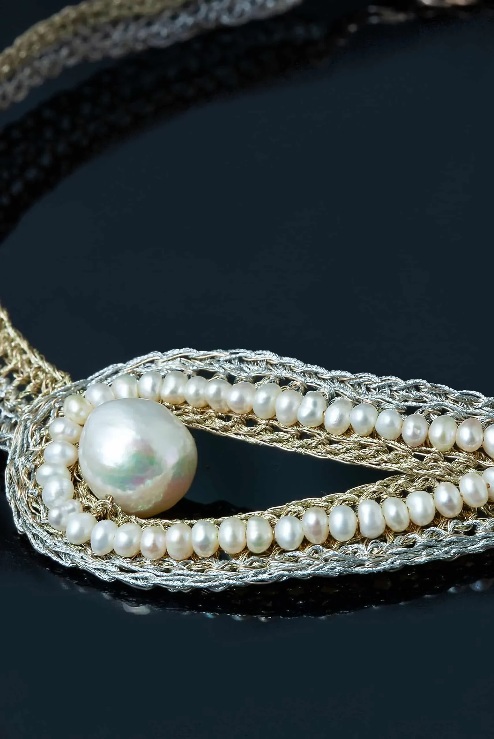 Handmade Jewellery | Crochet knit silver necklace with and pearls gallery 3