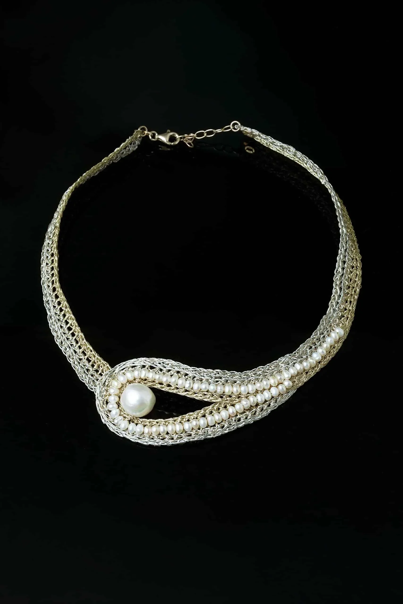 Handmade Jewellery | Crochet knit silver necklace with and pearls gallery 1