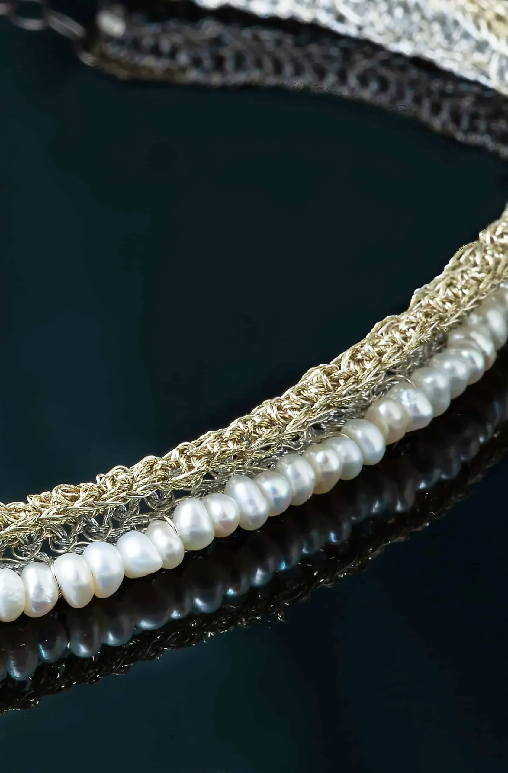 Handmade Jewellery | Crochet knit silver necklace with and pearls gallery 2