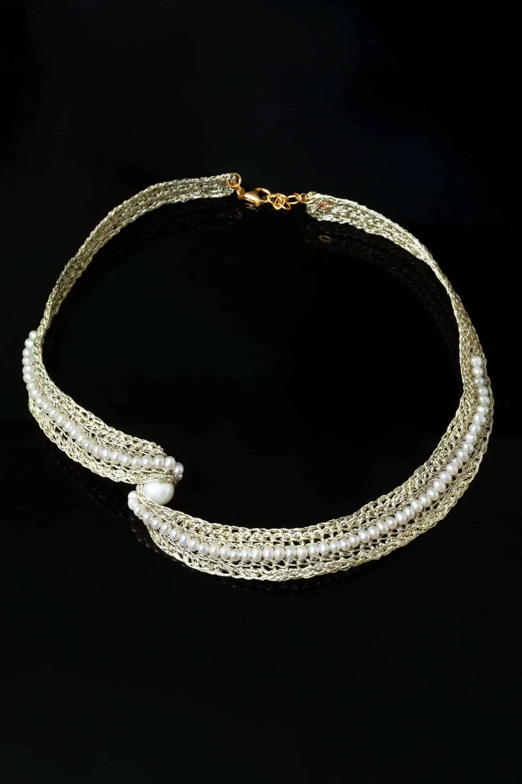 Handmade Jewellery | Crochet knit silver necklace with and pearls gallery 1