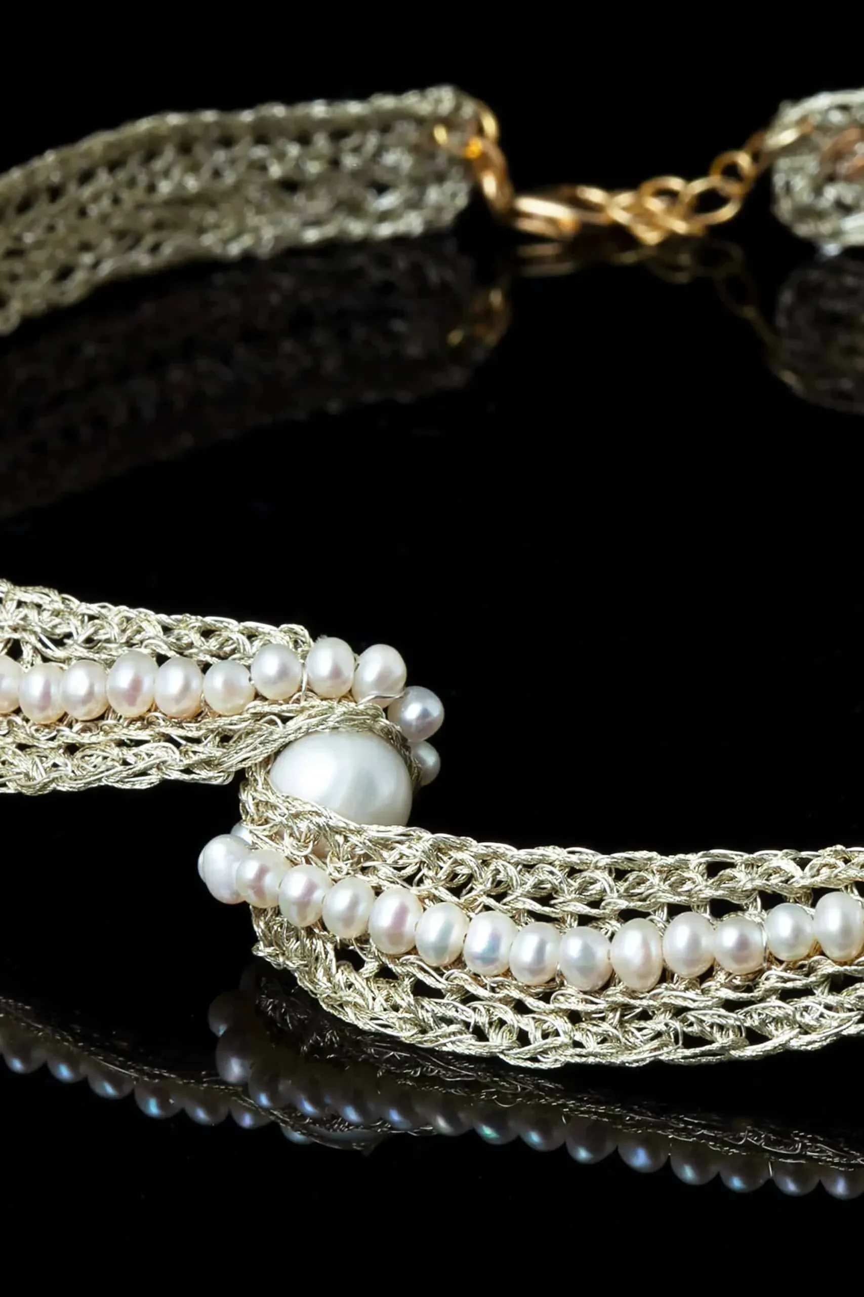 Handmade Jewellery | Crochet knit silver necklace with and pearls gallery 2