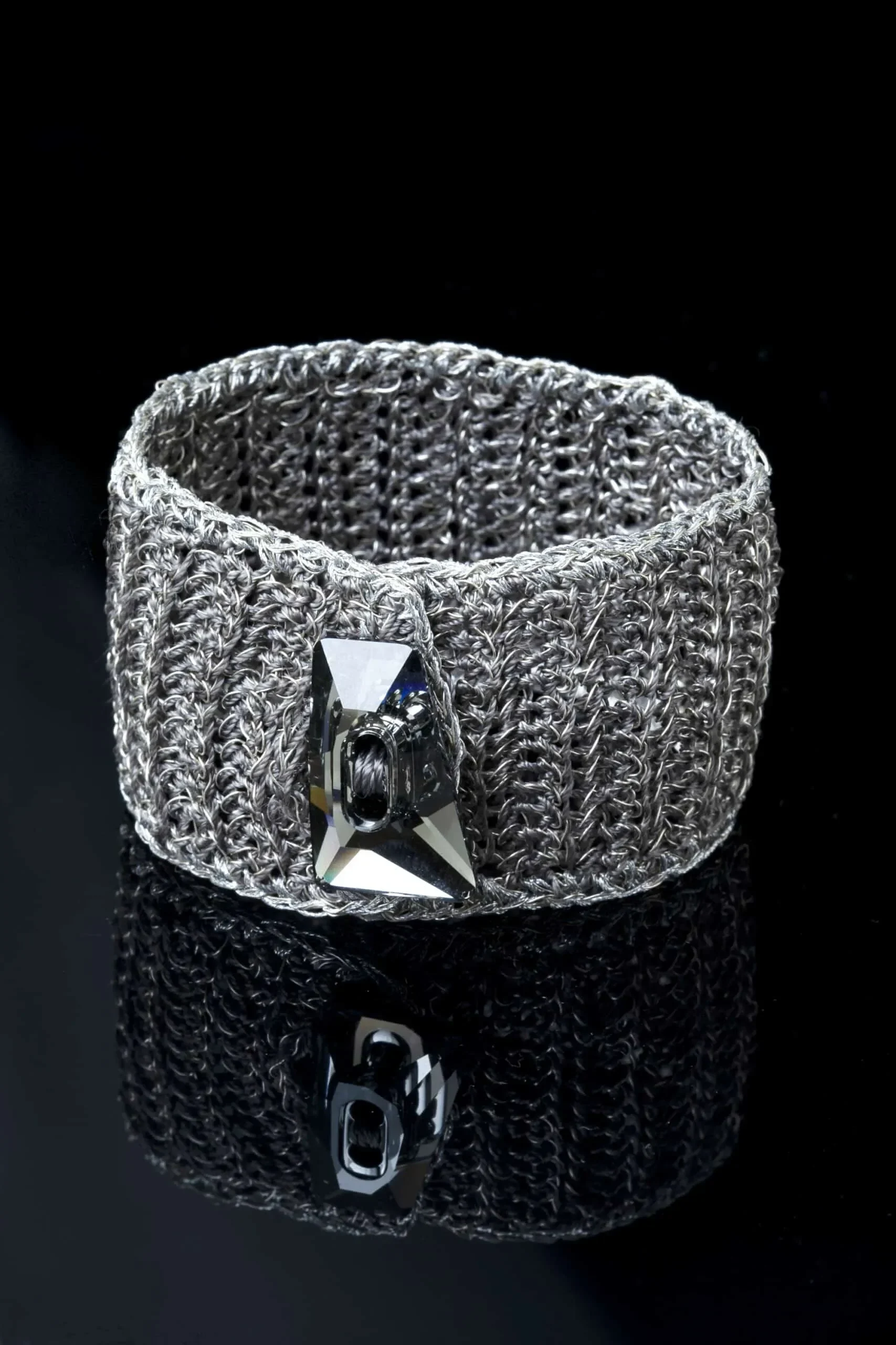 Handmade Jewellery | Crochet knit silver bracelet with Swarovski crystal gallery 1