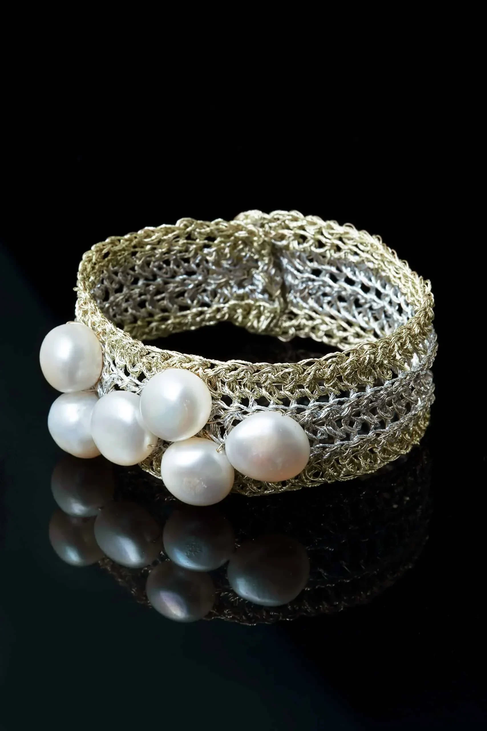 Handmade Jewellery | Crochet knit silver bracelet with pearls gallery 3