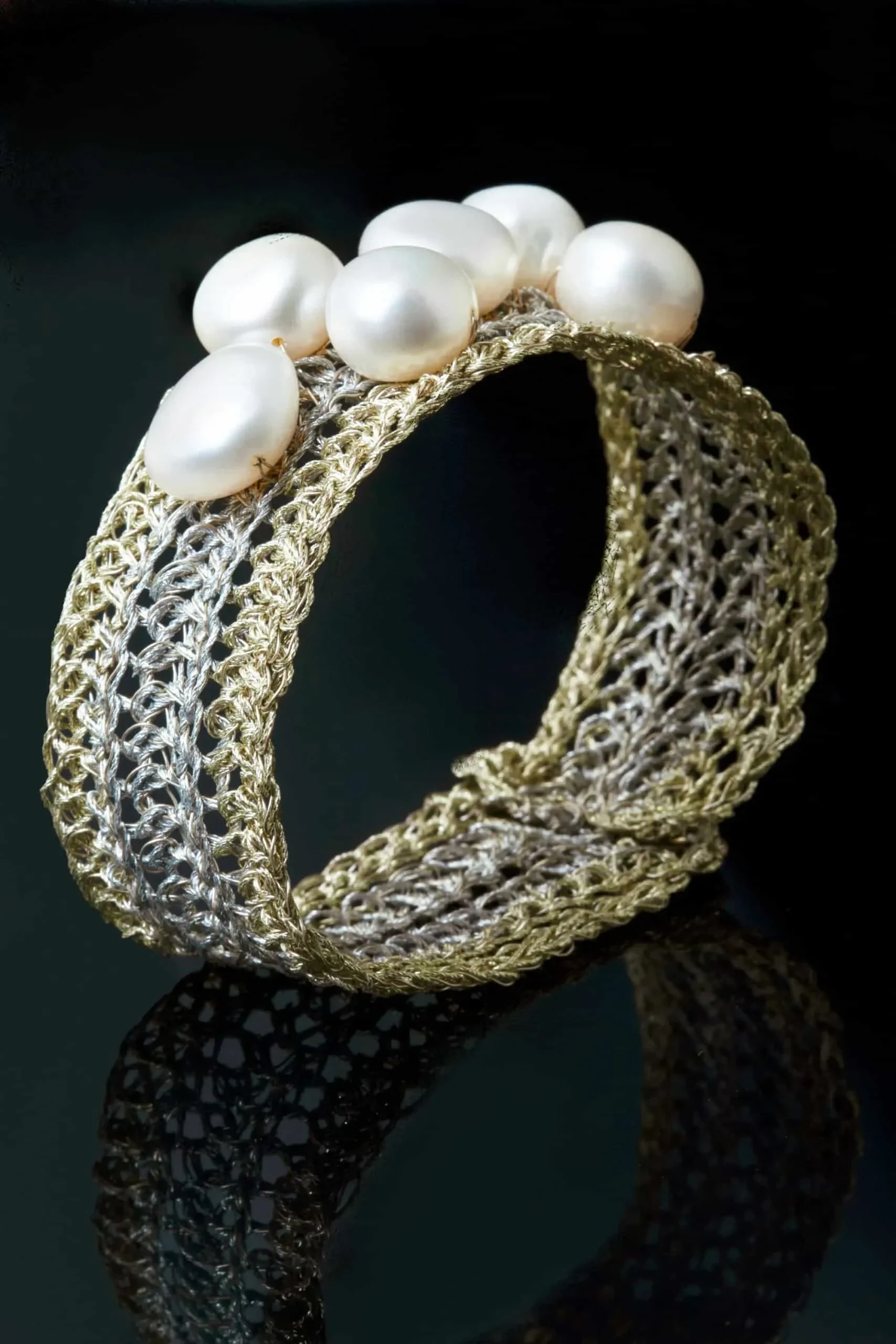 Handmade Jewellery | Crochet knit silver bracelet with pearls gallery 1