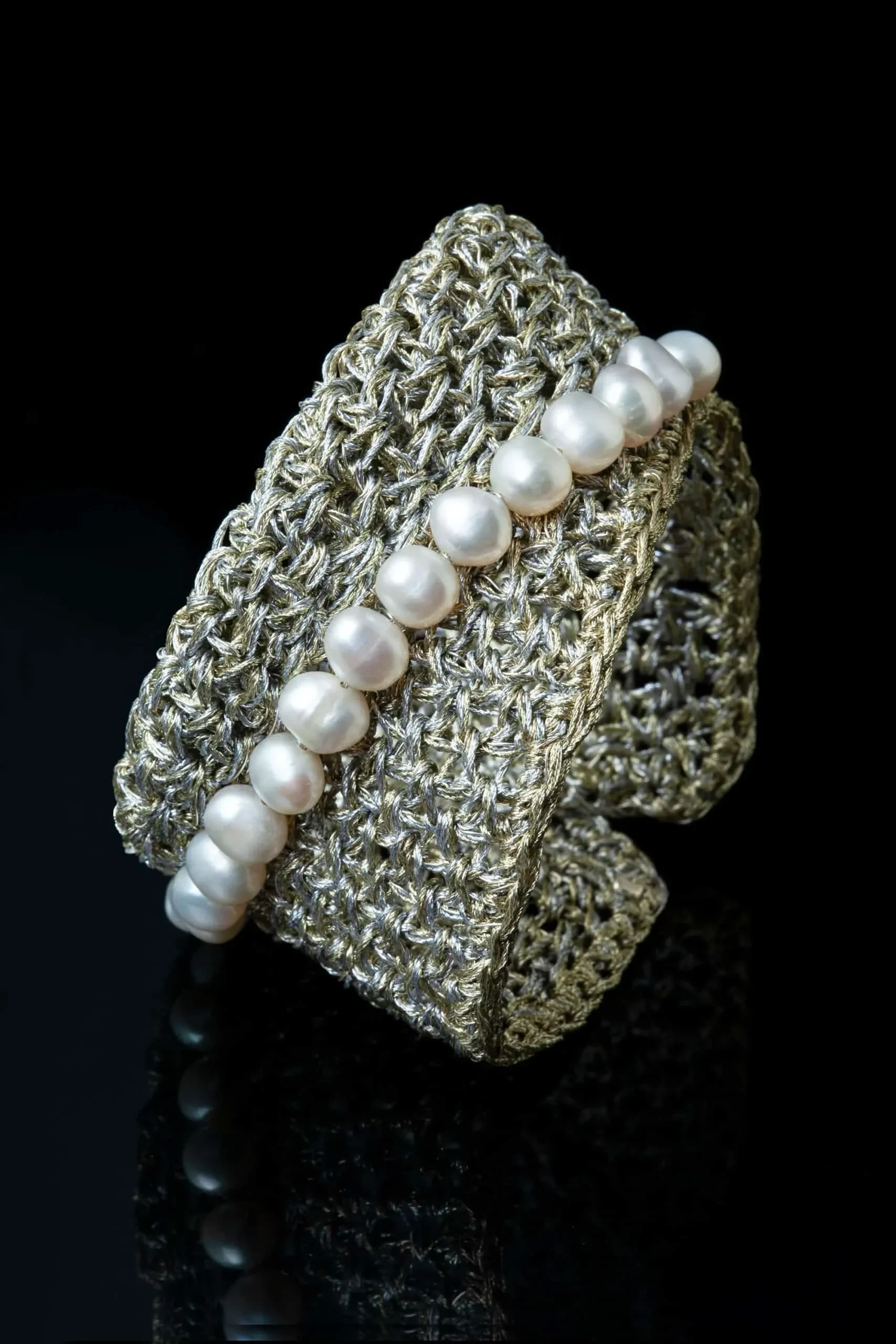 Handmade Jewellery | Crochet knit silver bracelet with pearls gallery 2