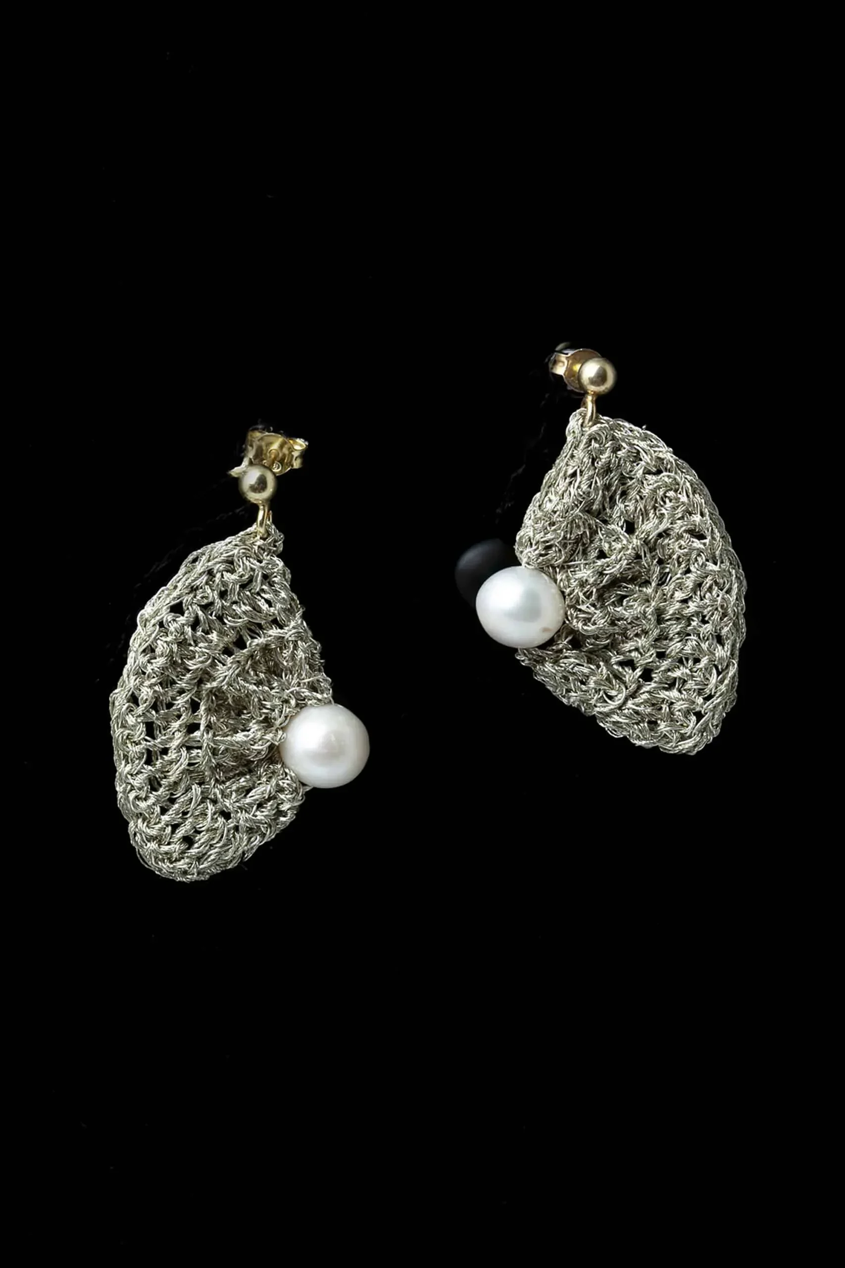 Handmade Jewellery | Fan crochet knit silver earrings with pearls gallery 1