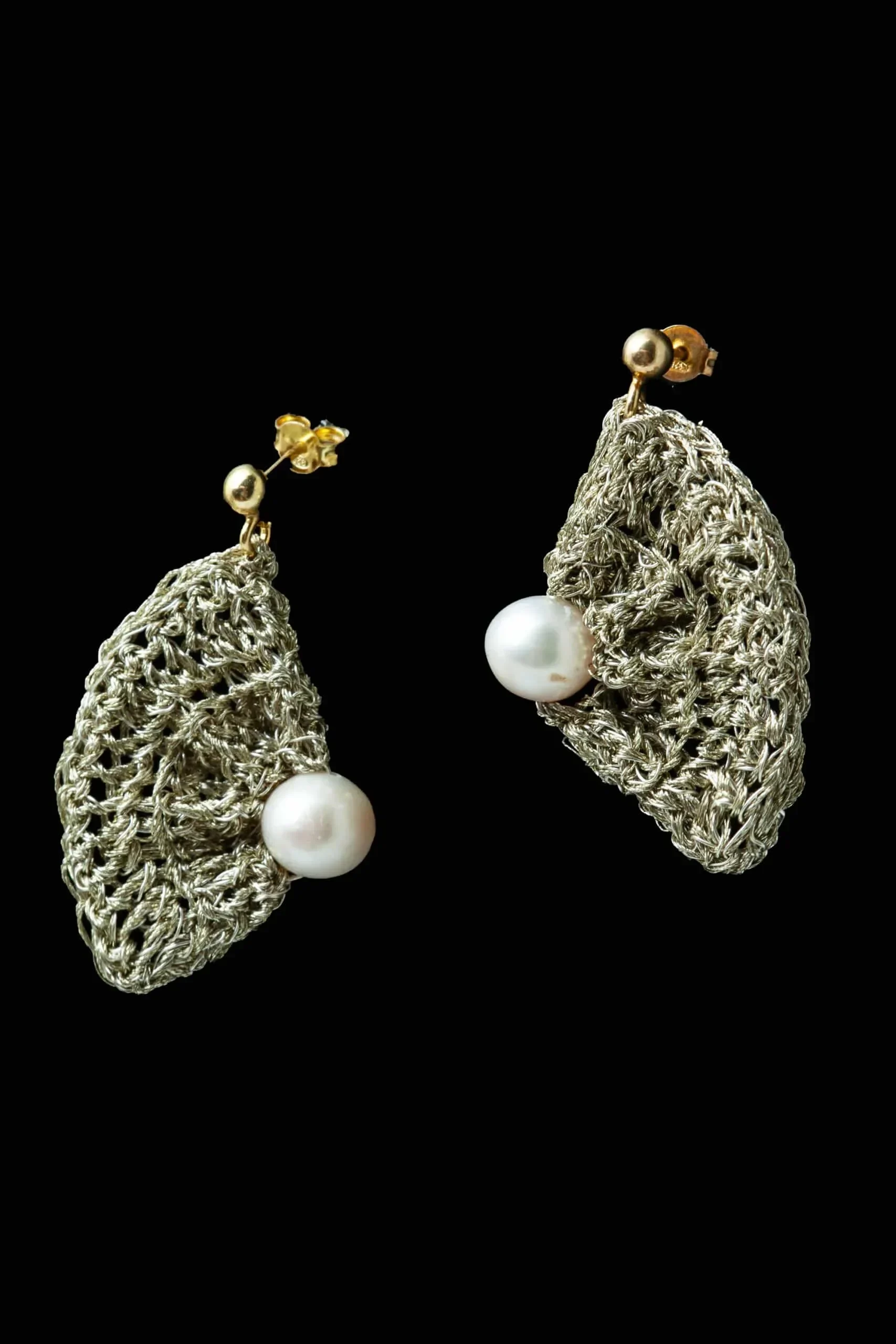 Handmade Jewellery | Fan crochet knit silver earrings with pearls gallery 2