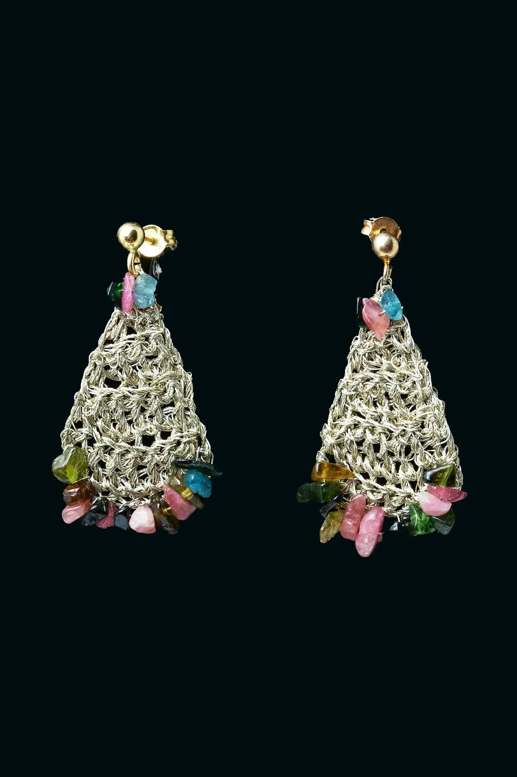 Handmade Jewellery | Teardrop crochet knit silver earrings with tourmaline gallery 2