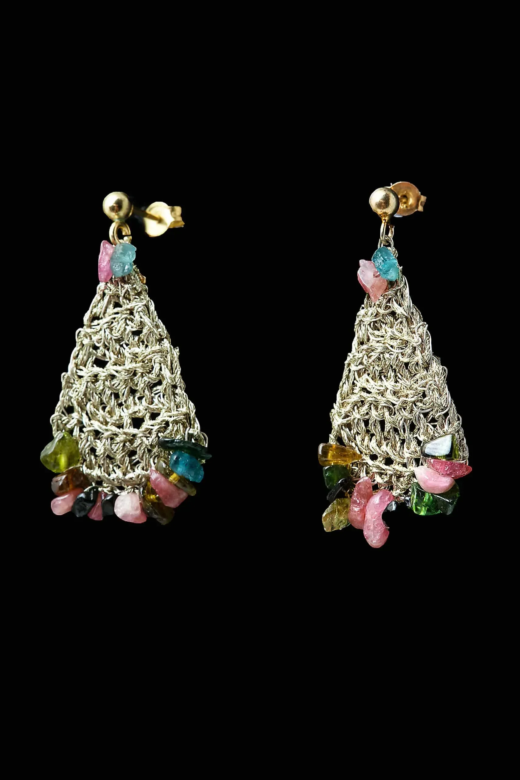 Handmade Jewellery | Teardrop crochet knit silver earrings with tourmaline gallery 1