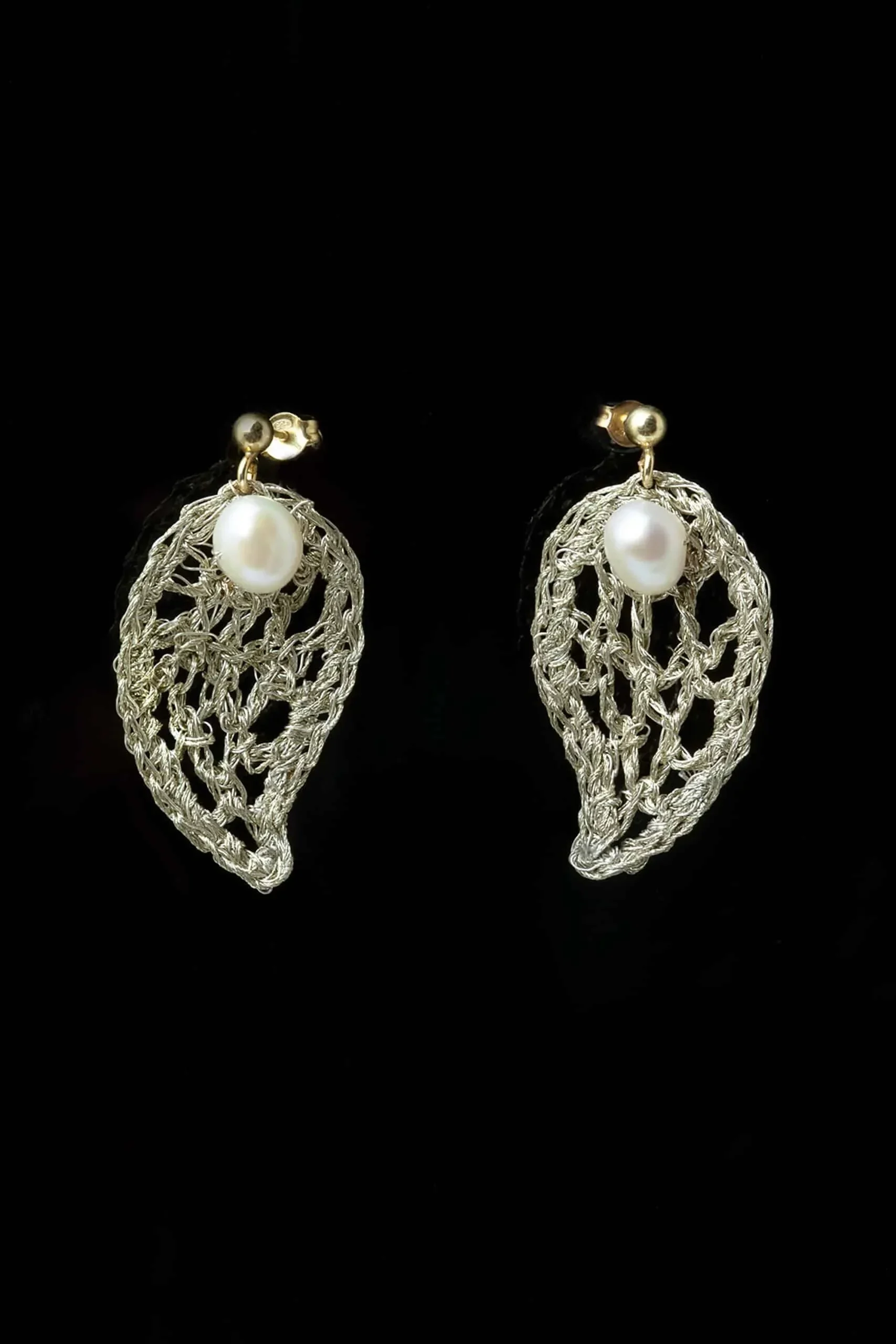 Handmade Jewellery | Paisley crochet knit silver earrings with pearls gallery 1