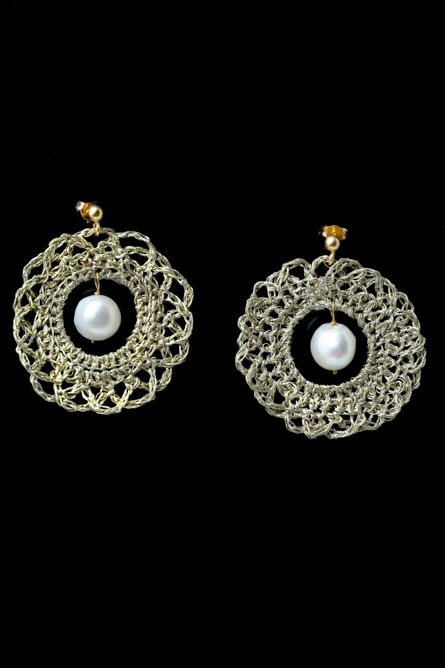 Handmade Jewellery | Round crochet knit silver earrings with pearls gallery 2