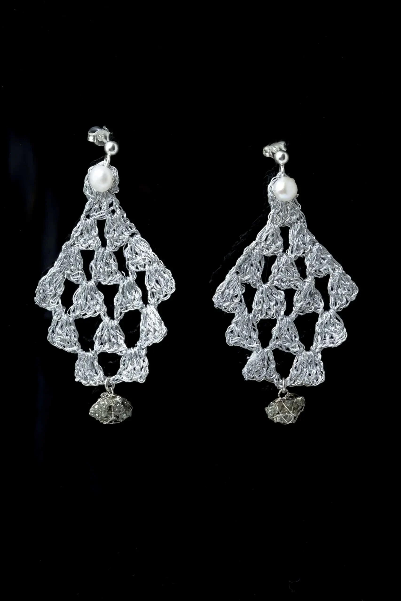 Handmade Jewellery | Crochet knit silver earrings with pyrite and pearls gallery 1