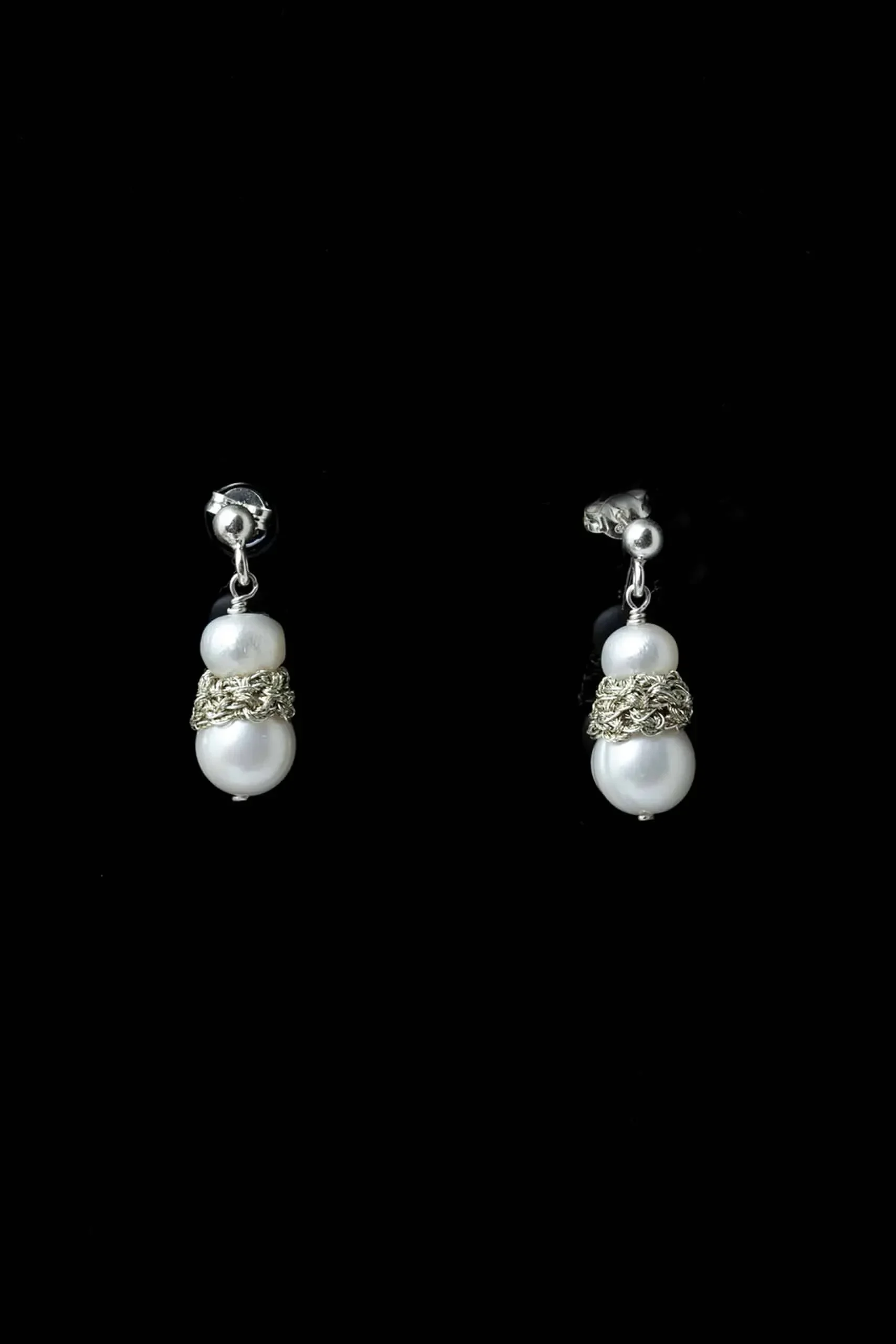 Handmade Jewellery | Crochet knit silver earrings with pearls gallery 1