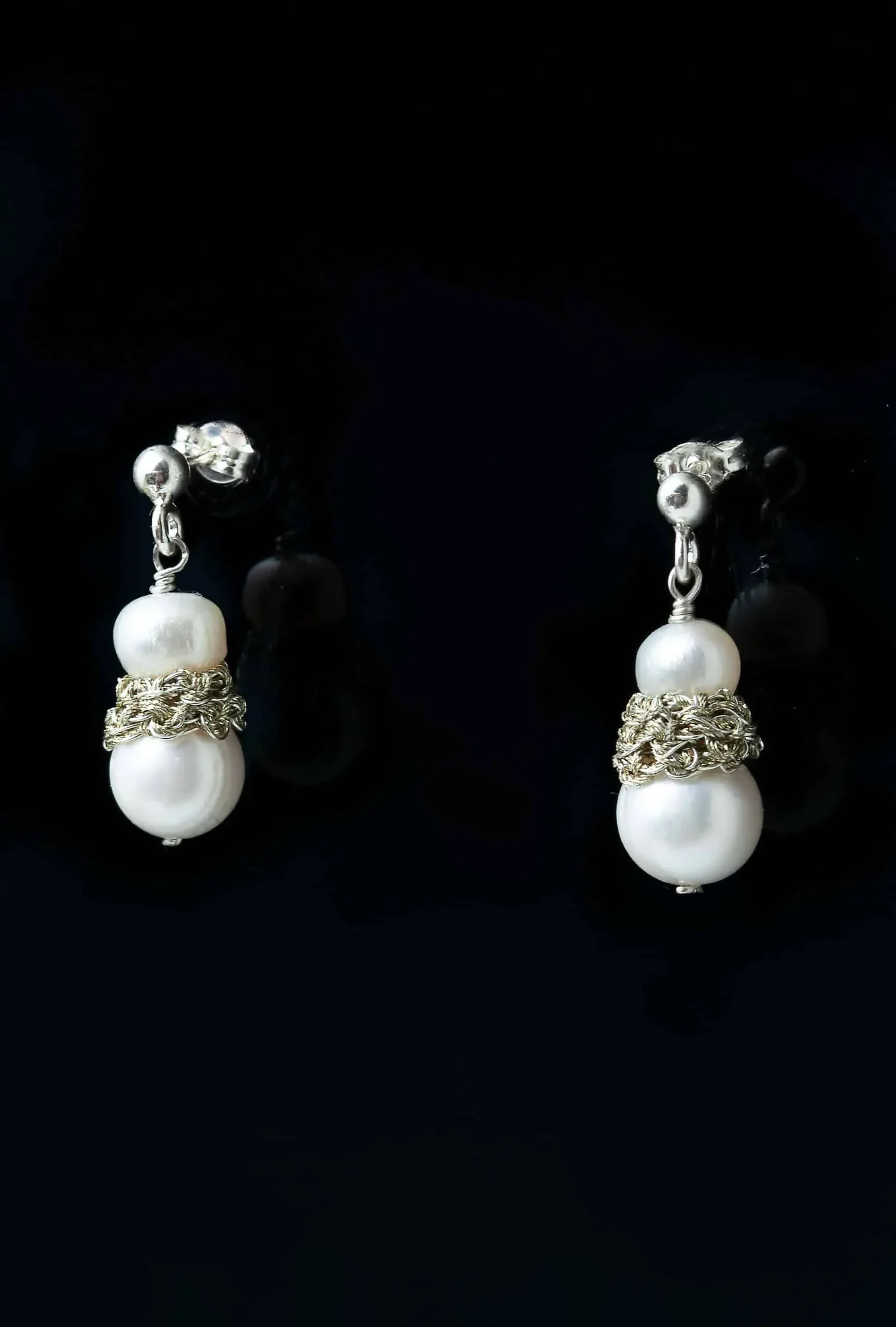 Handmade Jewellery | Crochet knit silver earrings with pearls gallery 2