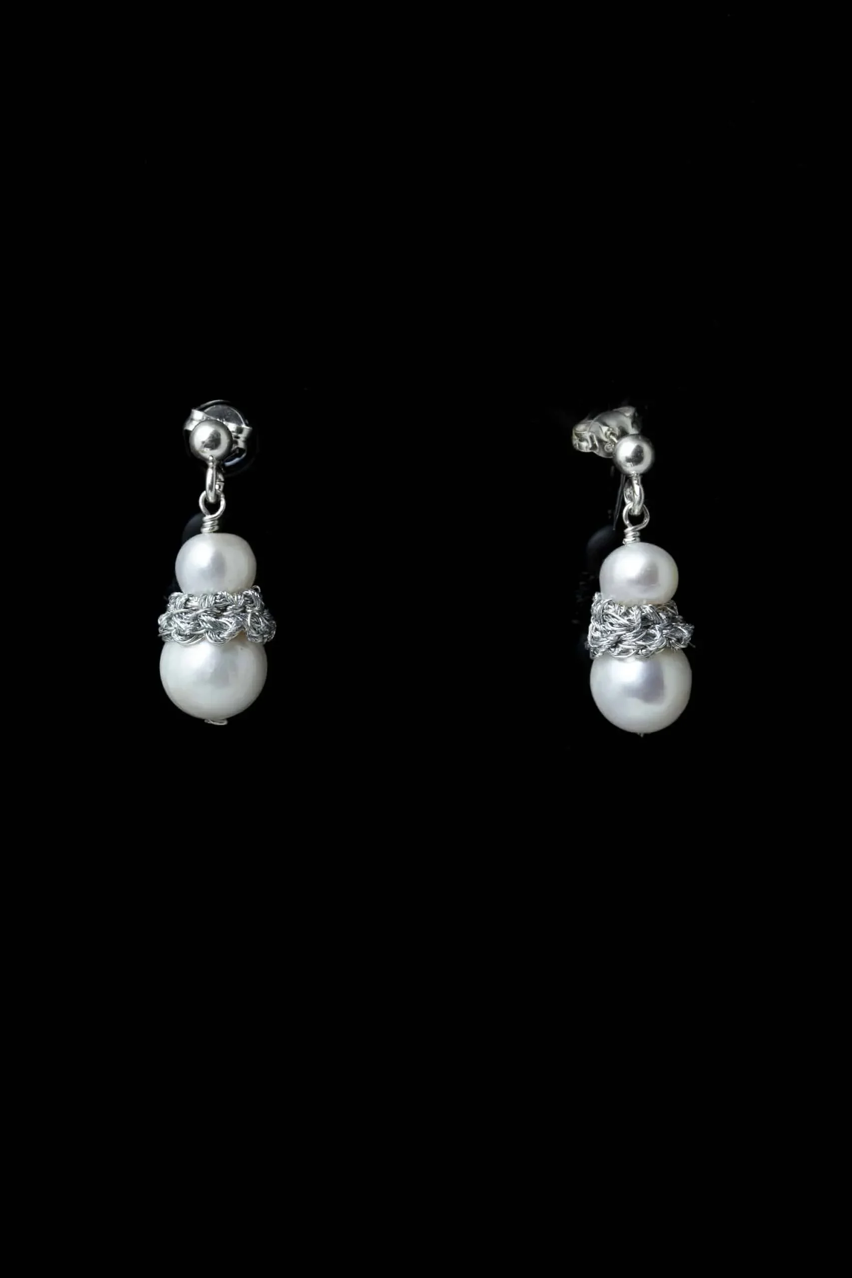 Handmade Jewellery | Crochet knit silver earrings with pearls gallery 1