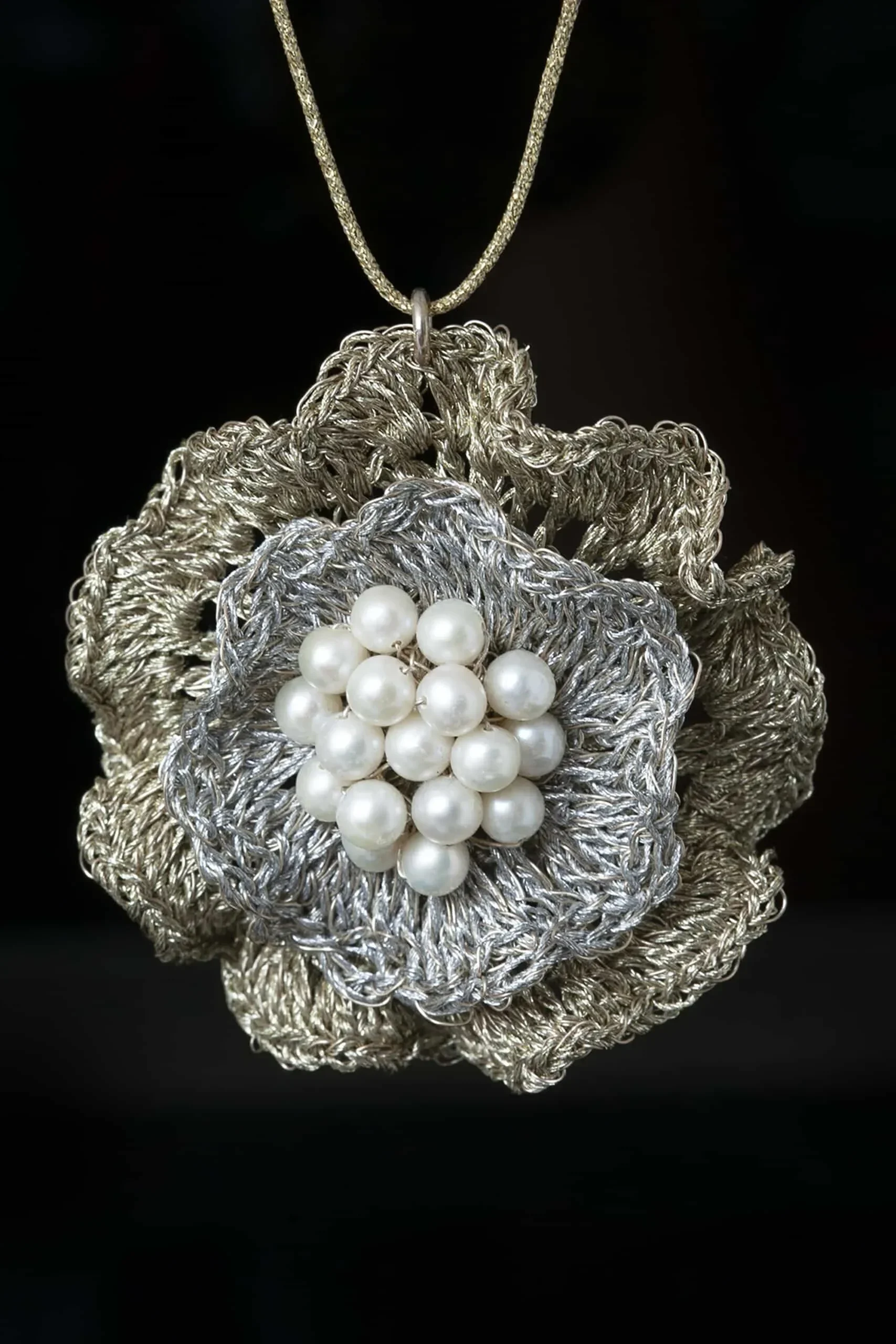 Handmade Jewellery | Flower crochet knit silver pendant with golden thread and pearls gallery 2