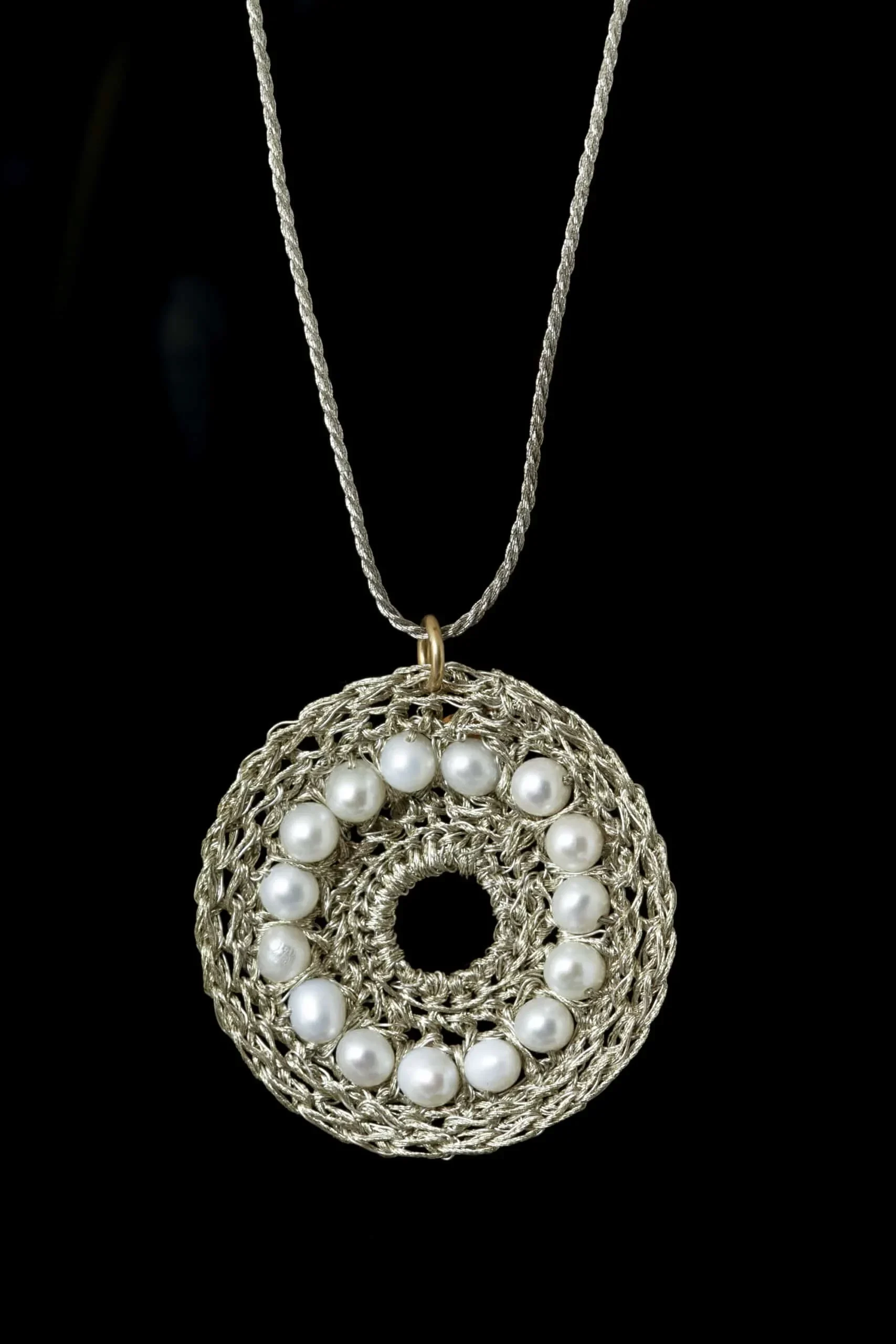 Handmade Jewellery | Round crochet knit silver pendant with pearls gallery 1