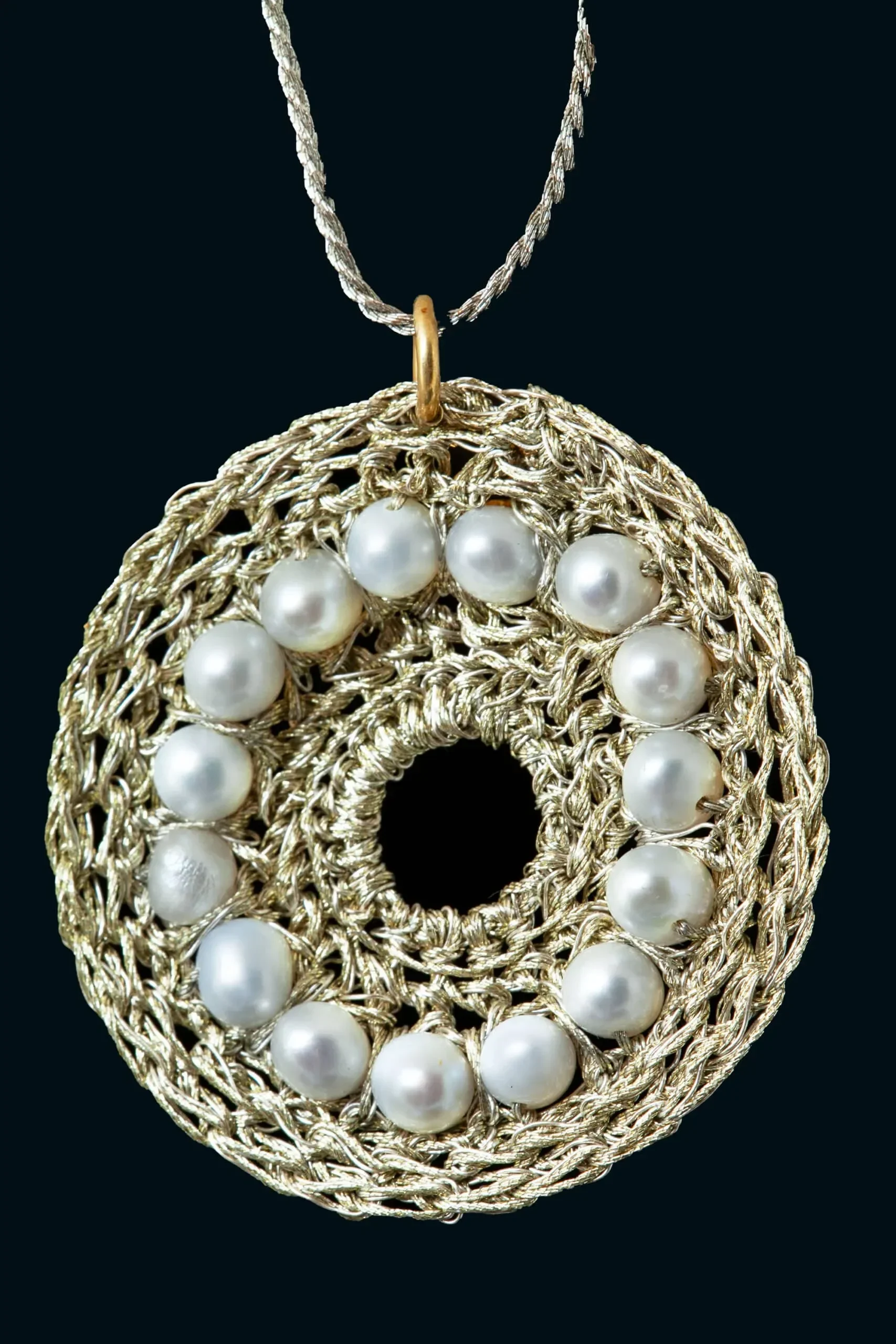 Handmade Jewellery | Round crochet knit silver pendant with pearls gallery 2