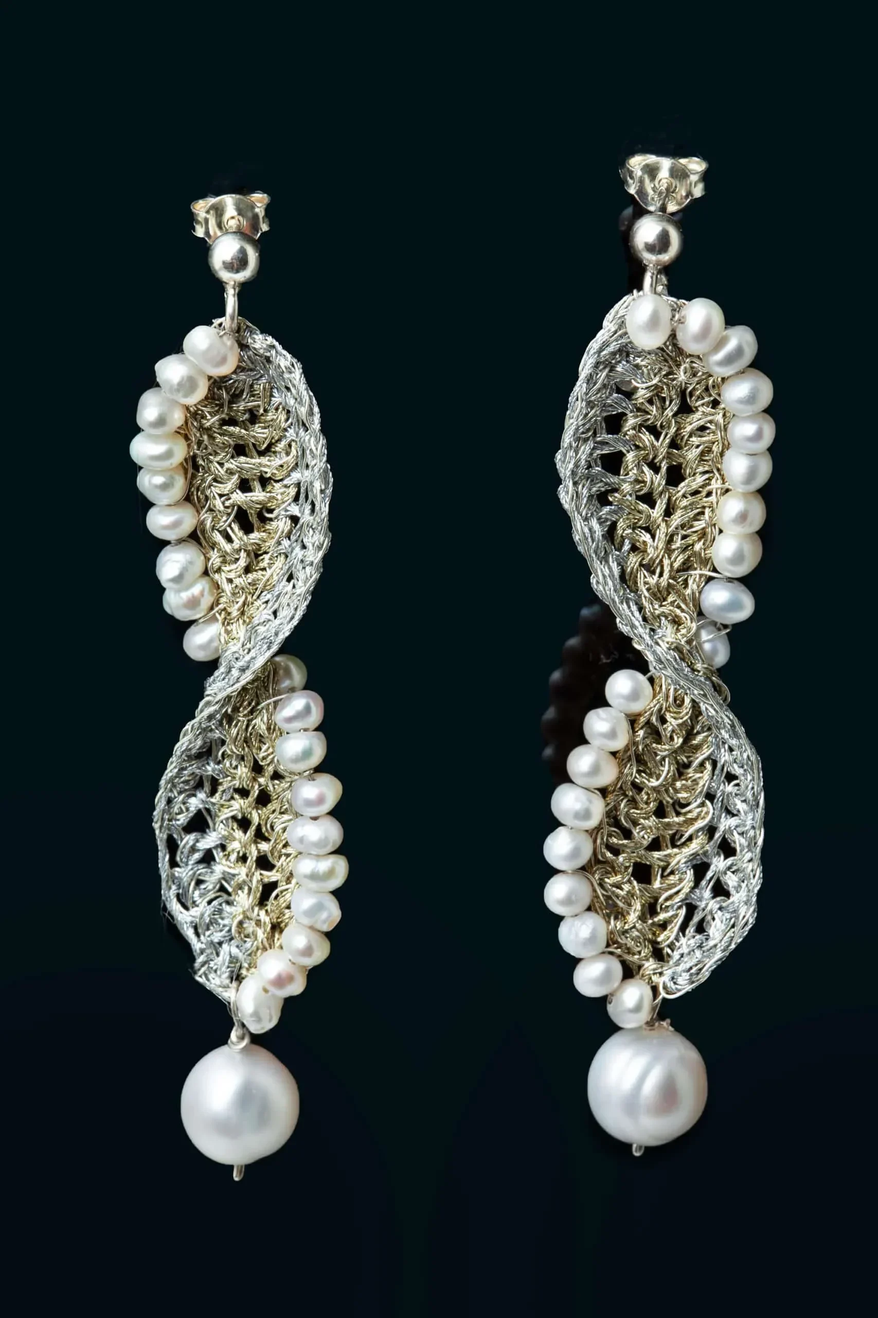 Handmade Jewellery | Crochet knit silver earrings with pearls gallery 2