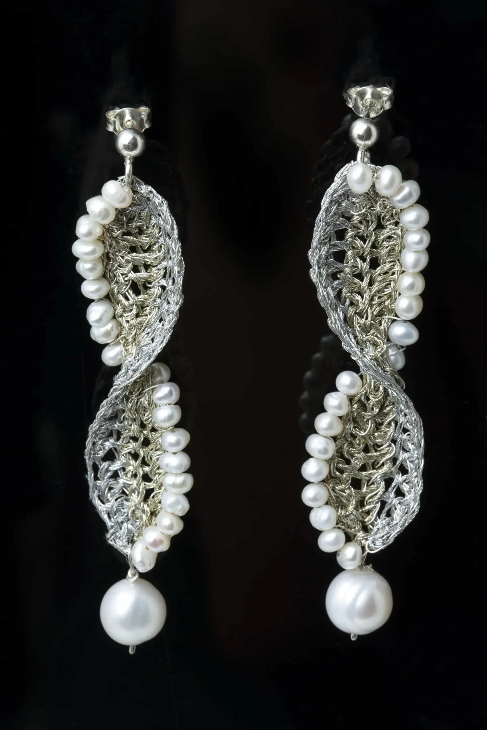 Handmade Jewellery | Crochet knit silver earrings with pearls gallery 1