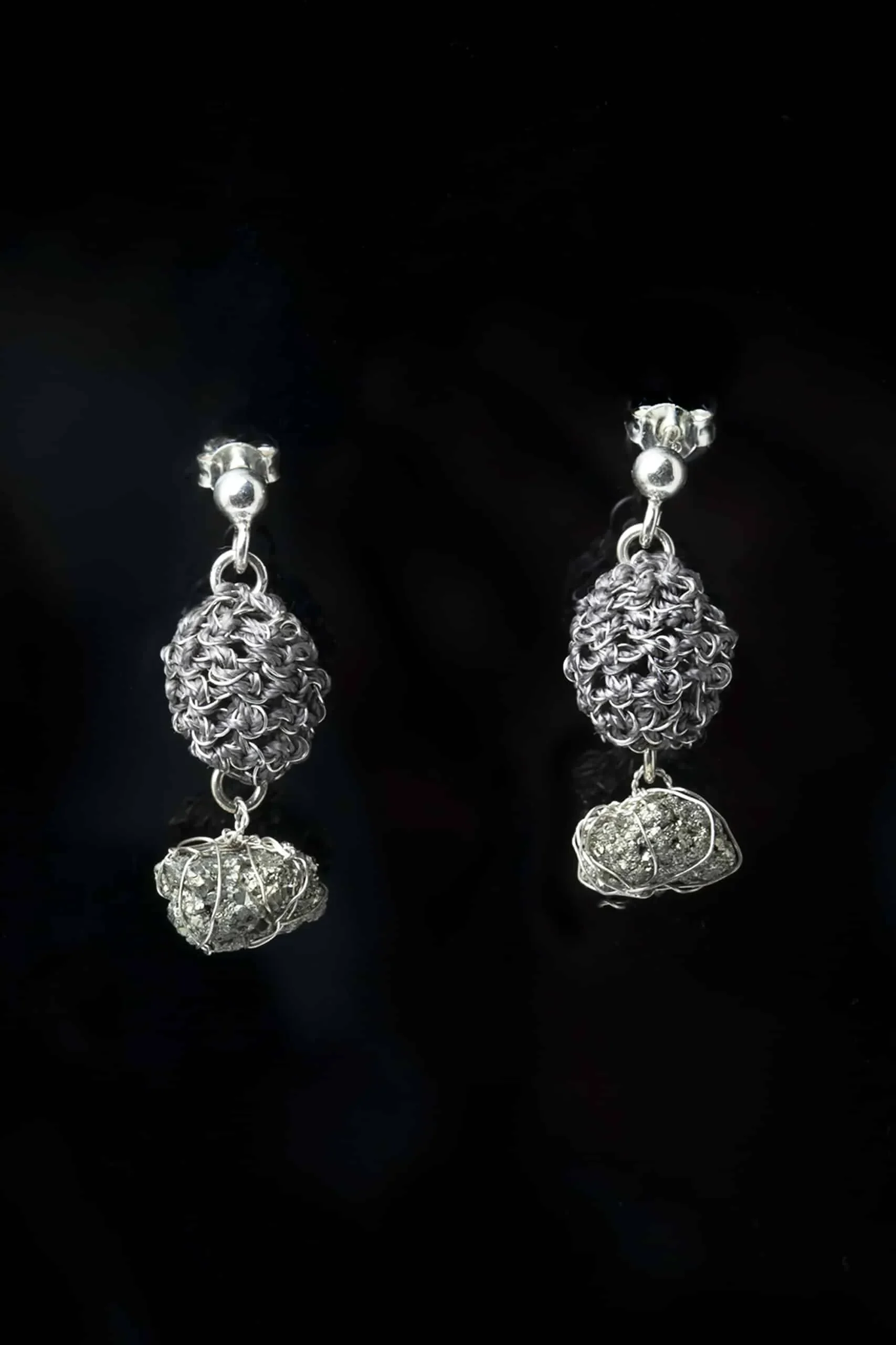 Handmade Jewellery | Crochet knit silver earrings with pyrite gallery 1