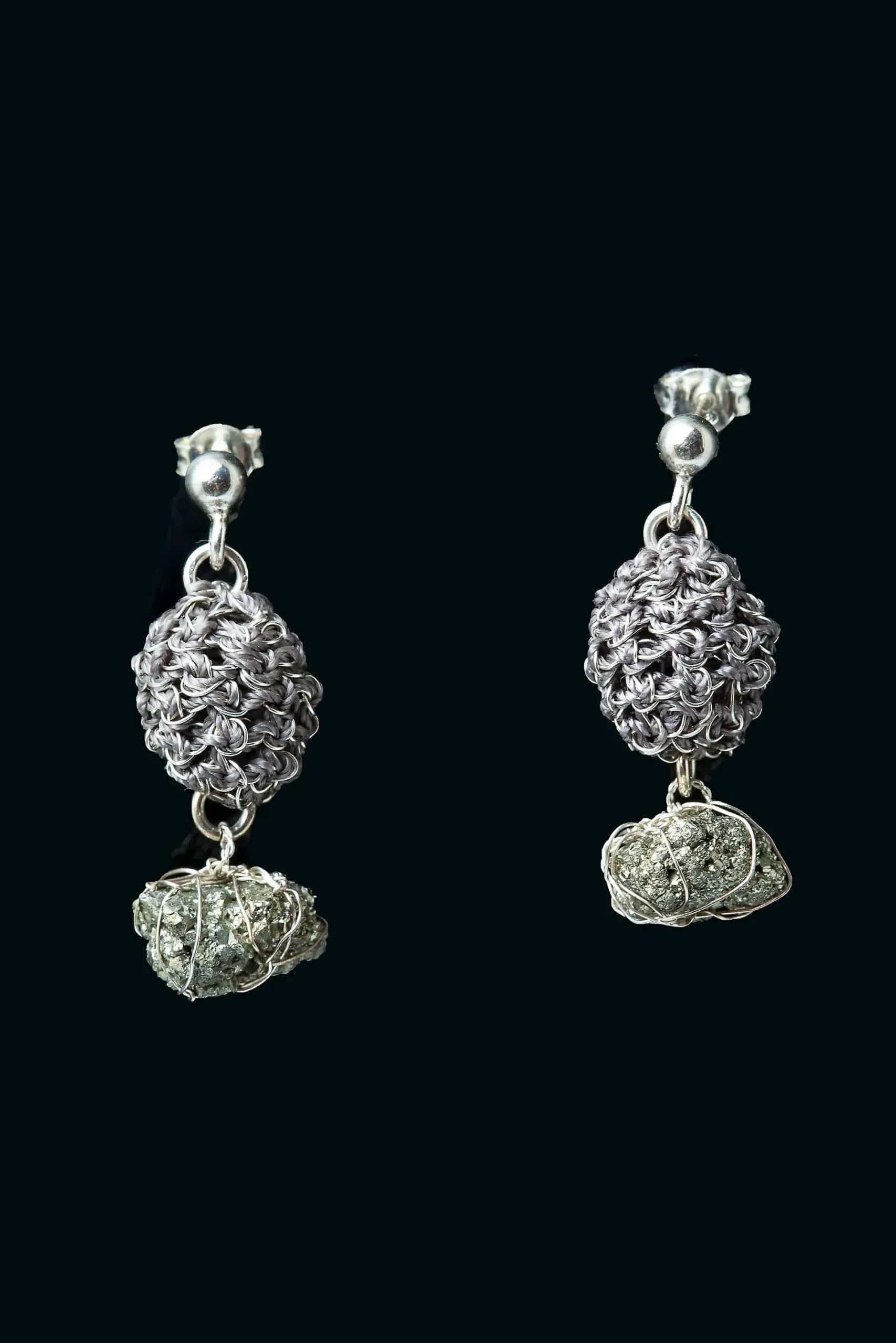 Handmade Jewellery | Crochet knit silver earrings with pyrite gallery 2