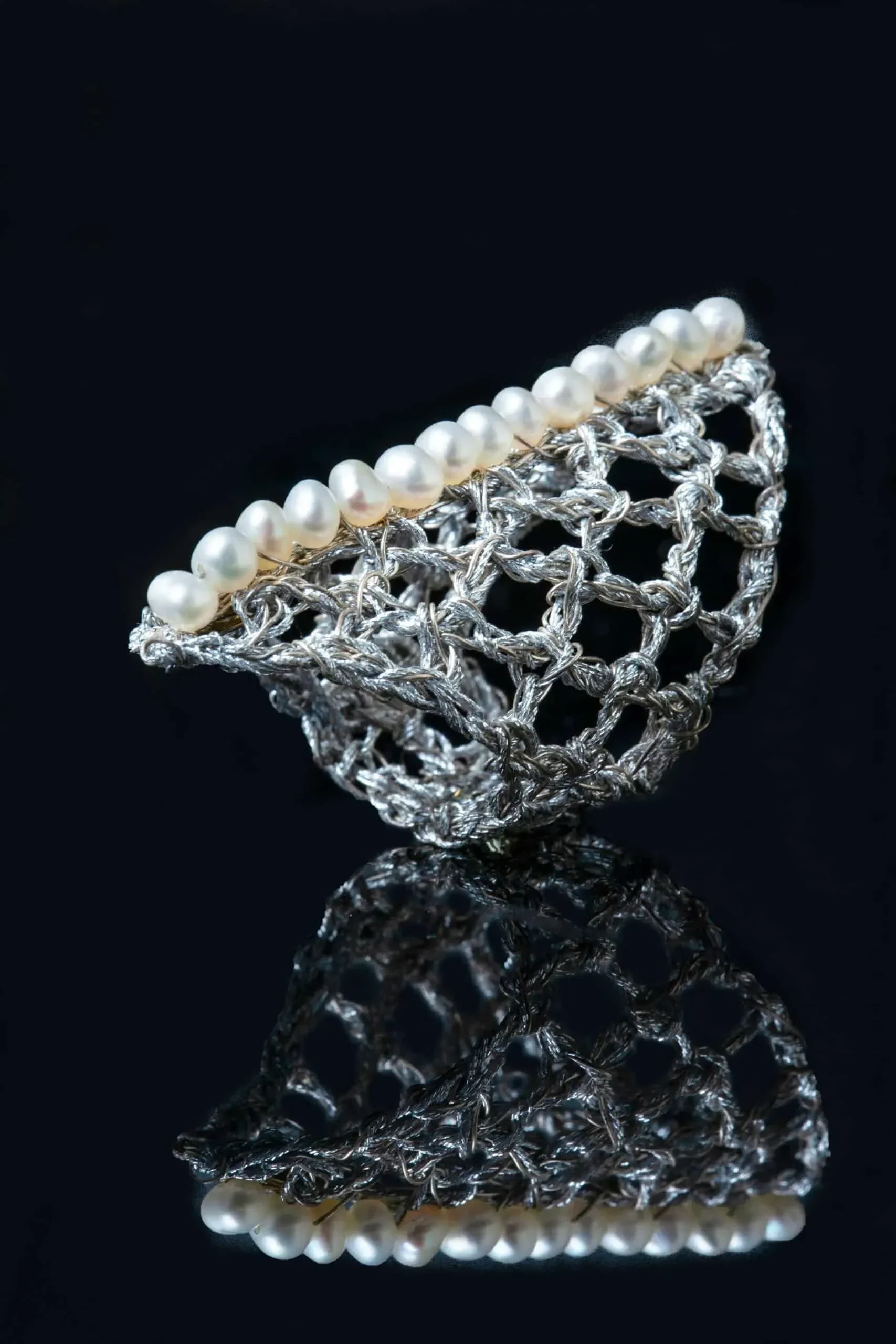 Handmade Jewellery | Crochet knit silver ring with pearls gallery 1