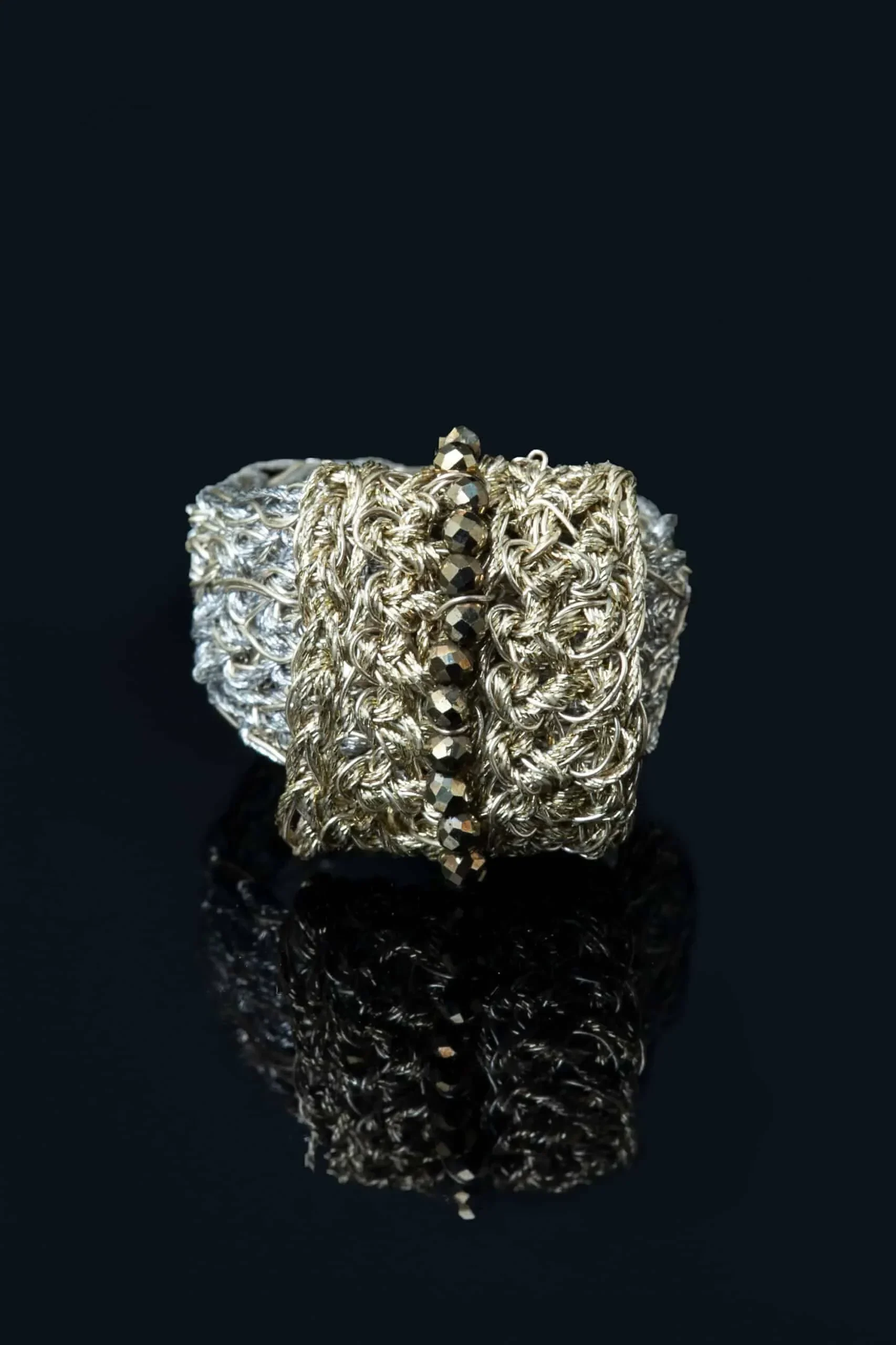 Handmade Jewellery | Crochet knit silver ring with pyrite gallery 3