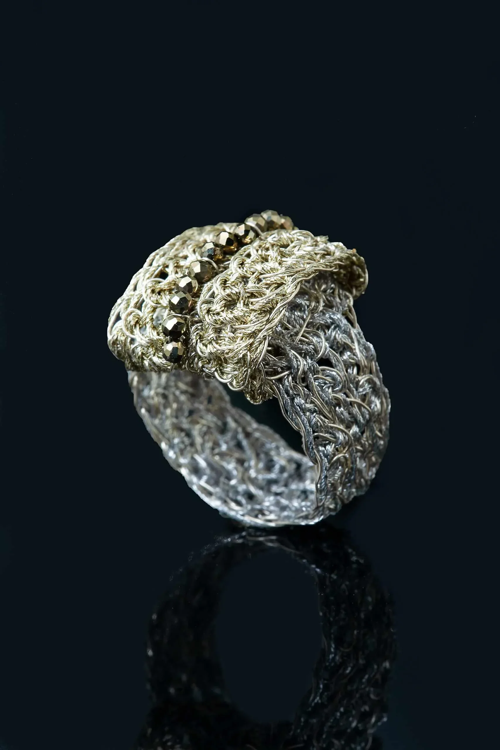 Handmade Jewellery | Crochet knit silver ring with pyrite gallery 2