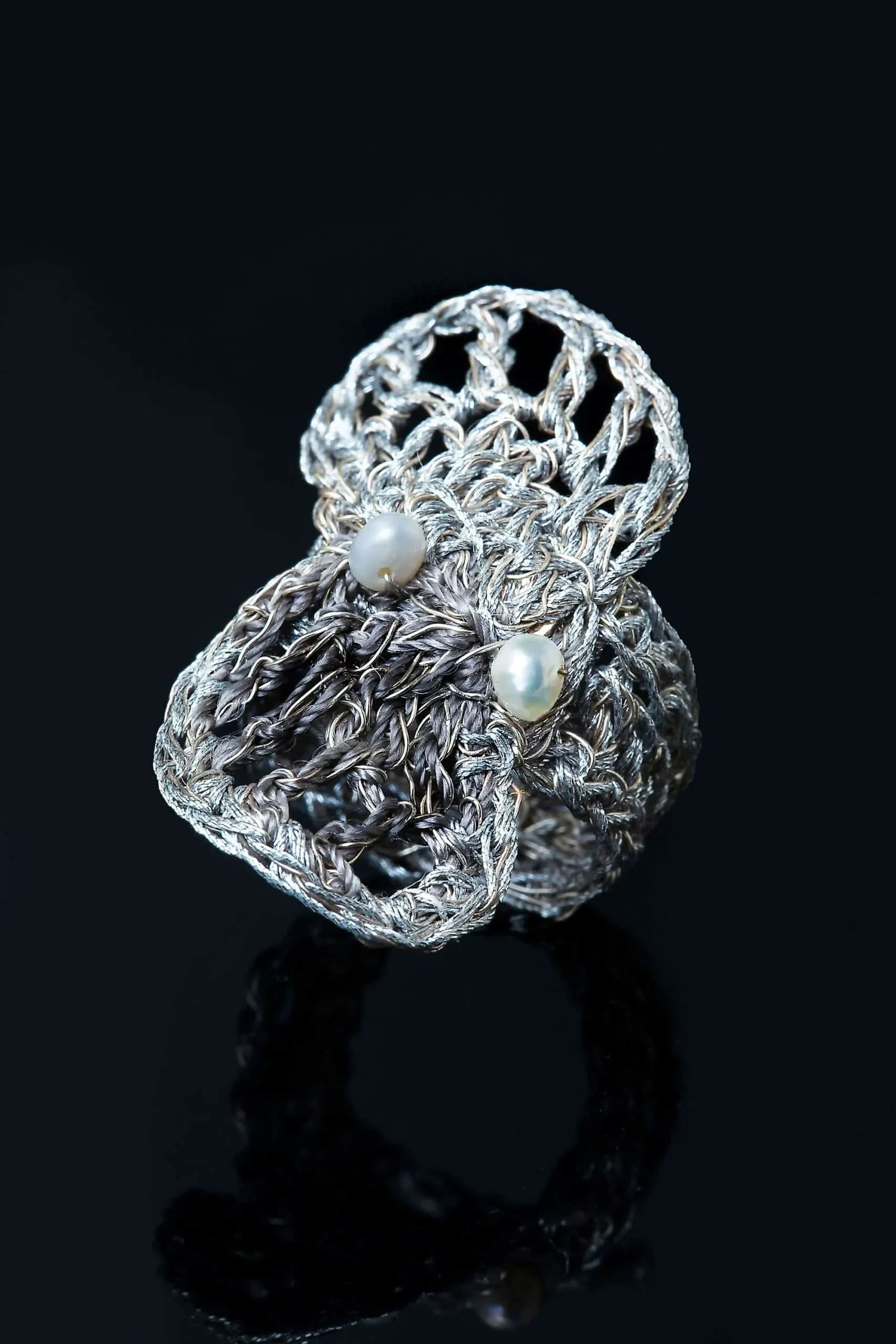 Handmade Jewellery | Crochet knit silver ring with pearls gallery 1