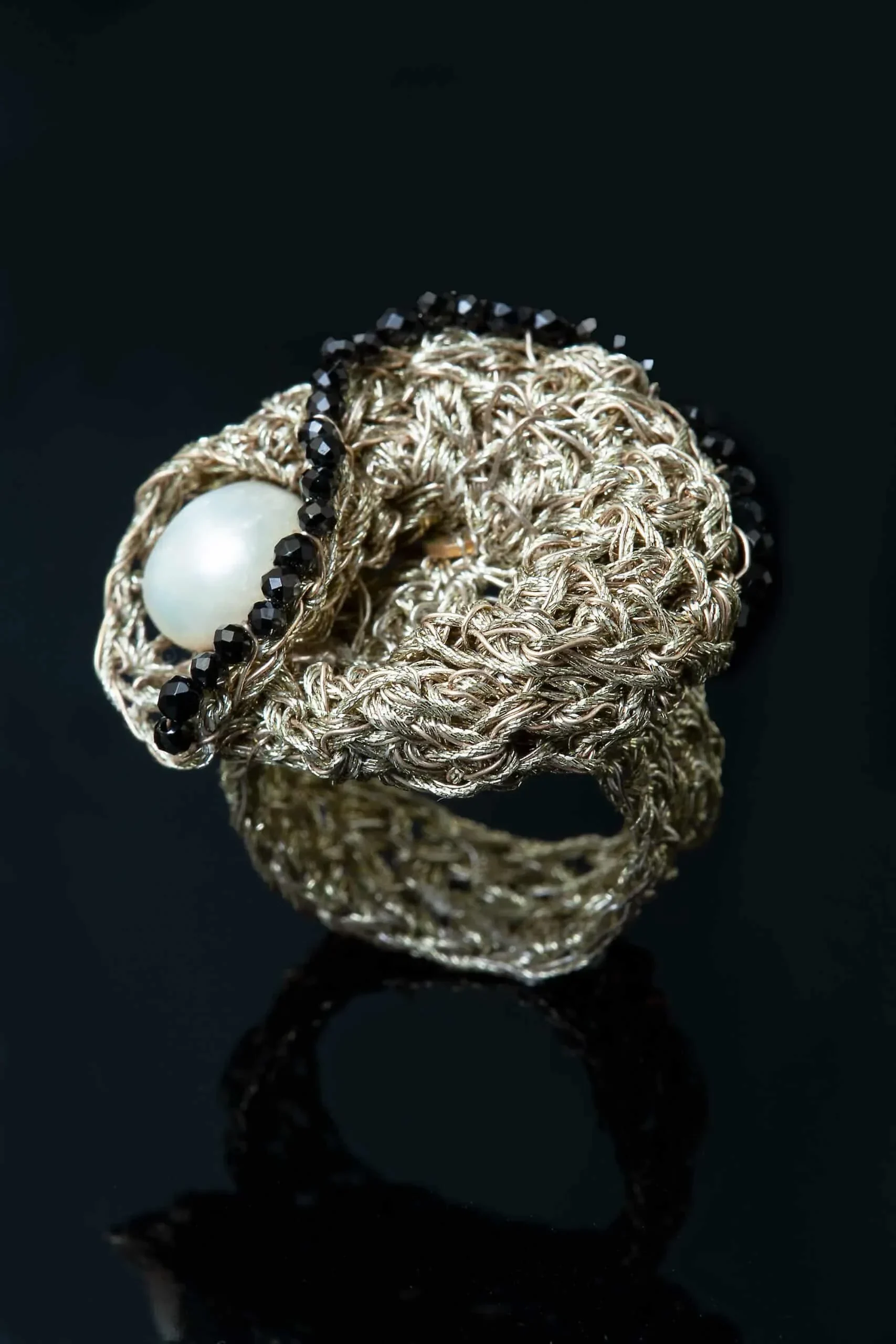 Handmade Jewellery | Crochet knit silver ring with spinel and pearls gallery 2