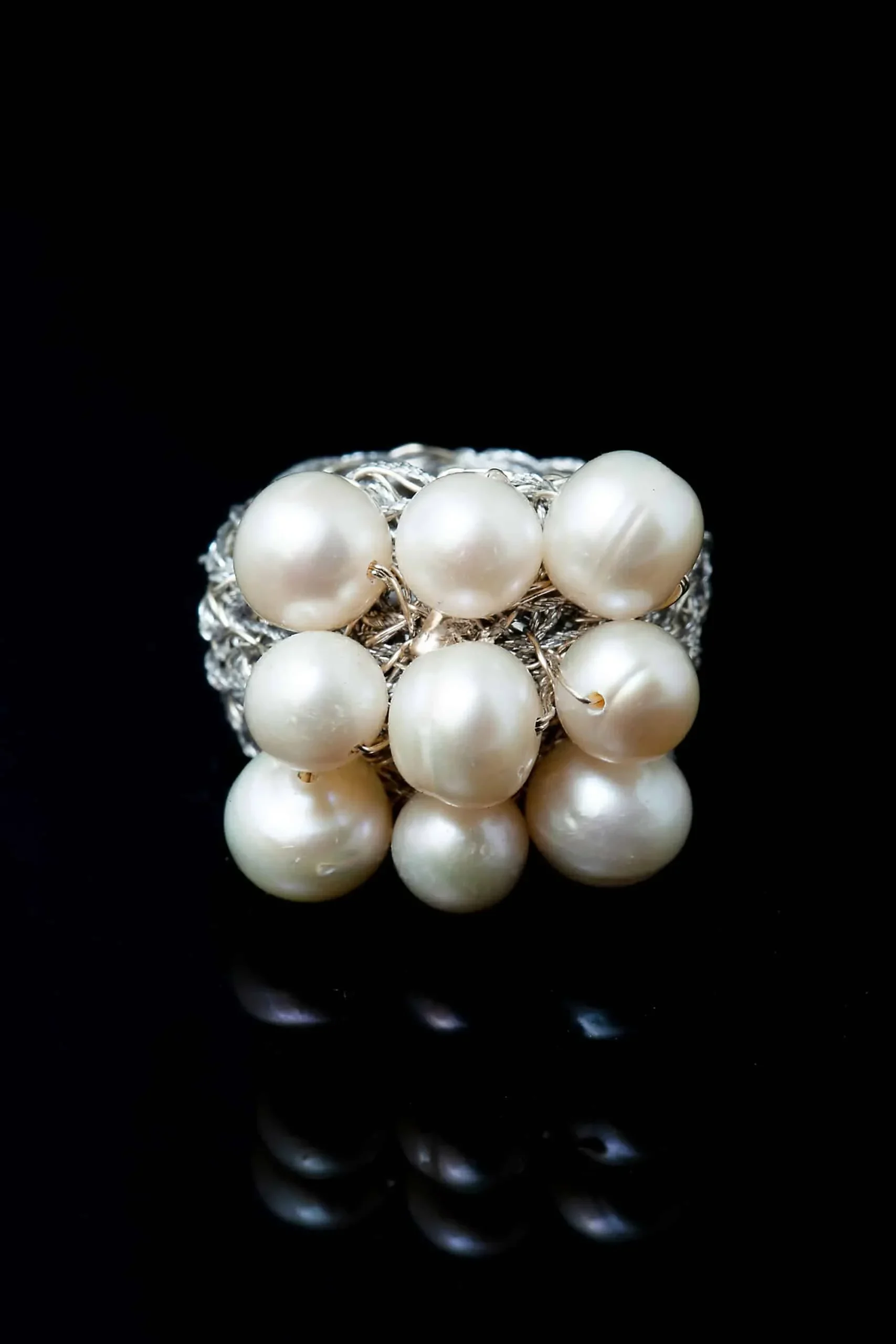 Handmade Jewellery | Crochet knit silver ring with pearls gallery 2